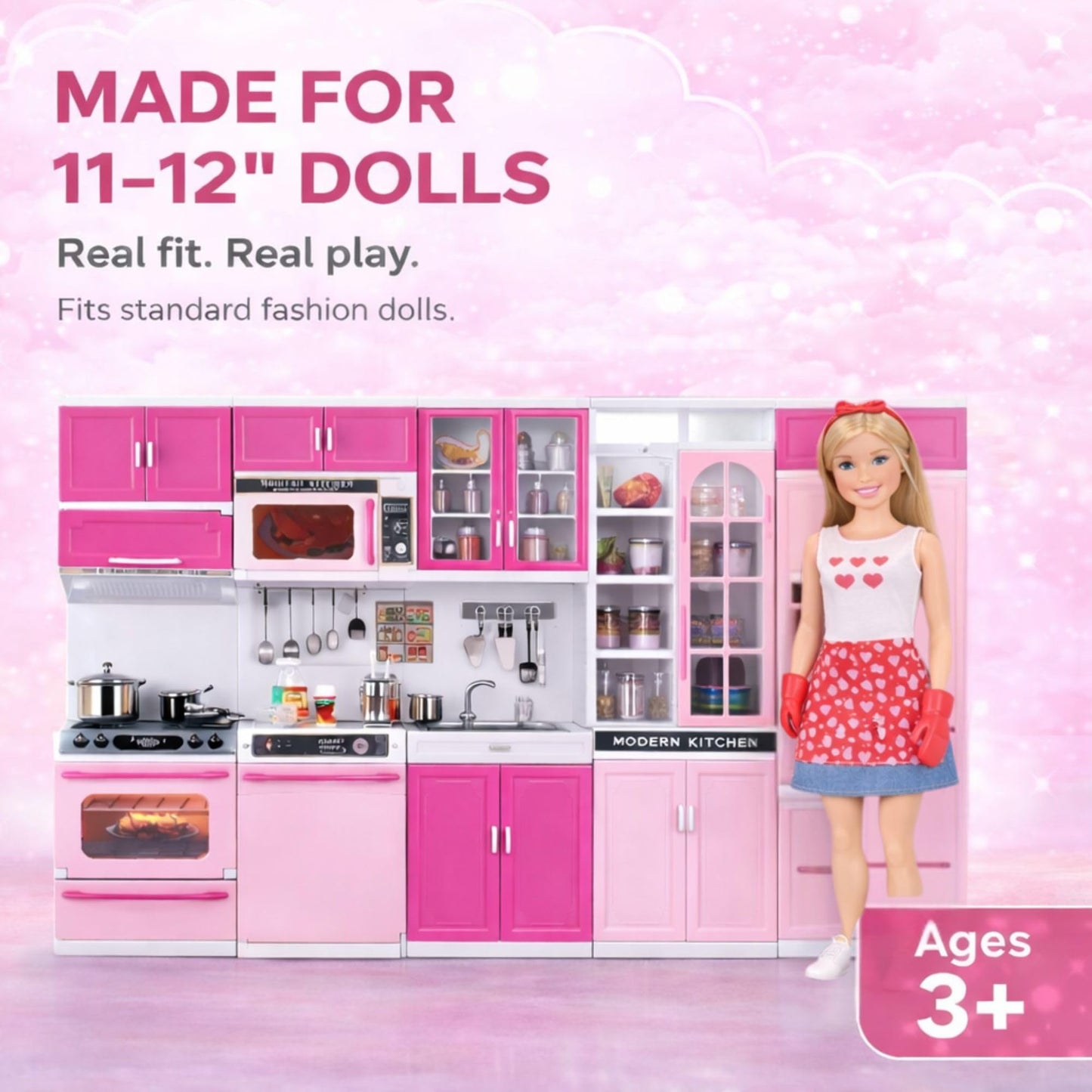 Doll Kitchen Playset for Kids, My Modern Mini Kitchen House Furniture Pretend Play Toy Accessories Set with Realistic Lights & Sounds for Toddlers
