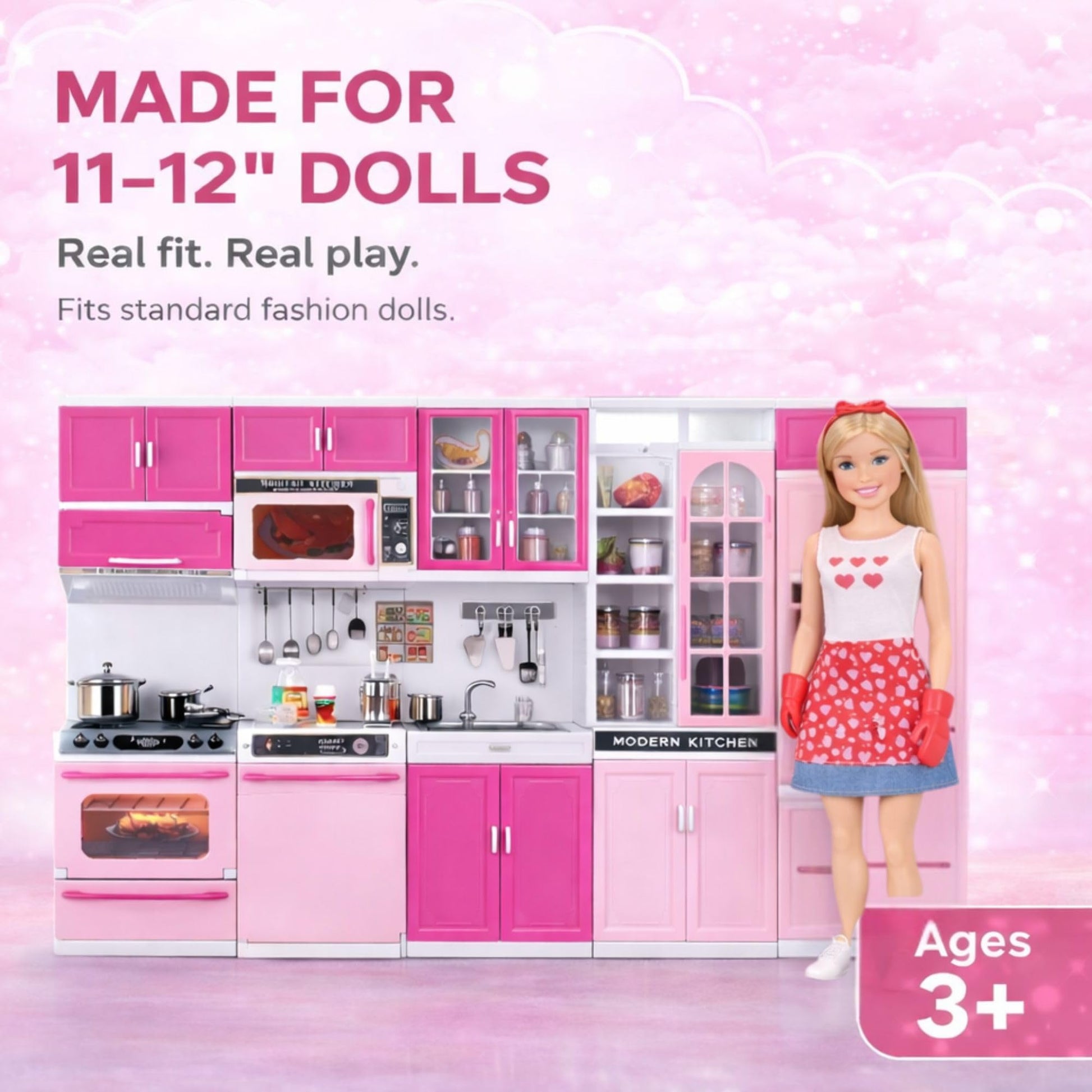 Doll Kitchen Playset for Kids, My Modern Mini Kitchen House Furniture Pretend Play Toy Accessories Set with Realistic Lights & Sounds for Toddlers