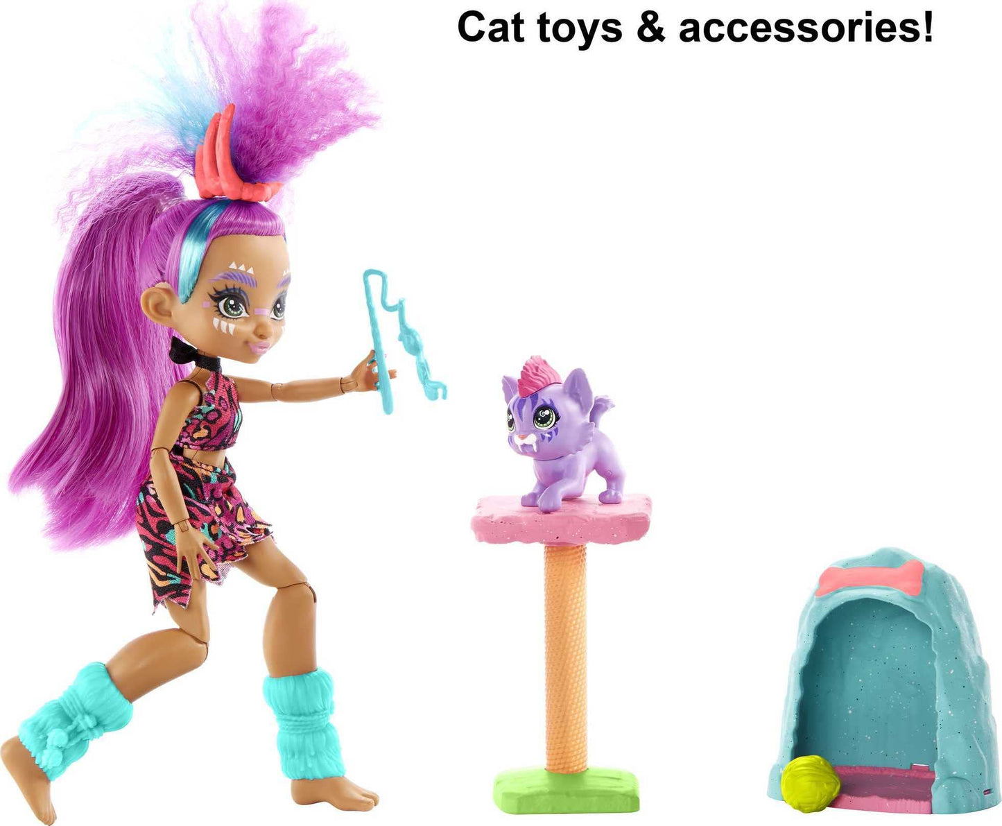 Cave Club Purr-FECT Pet Adventure Playset with Roaralai Doll (8 - 10-inch, Purple Hair), Pet, Cat Condo and Storytelling Pieces, Gift for 4 Year Olds