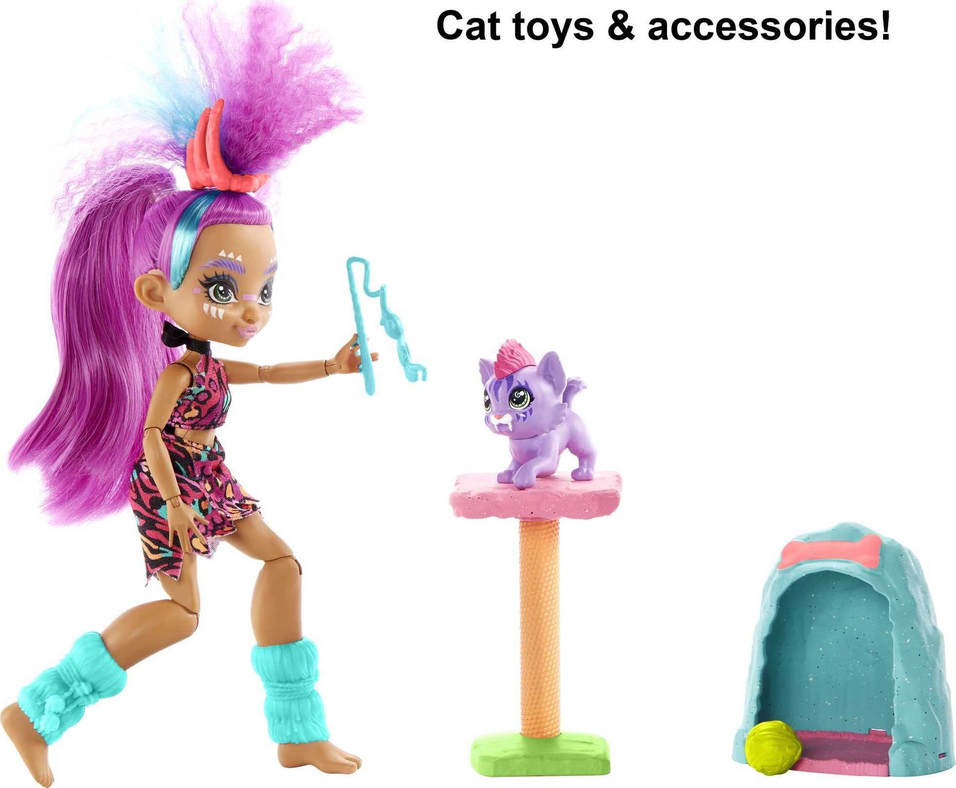 Cave Club Purr-FECT Pet Adventure Playset with Roaralai Doll (8 - 10-inch, Purple Hair), Pet, Cat Condo and Storytelling Pieces, Gift for 4 Year Olds