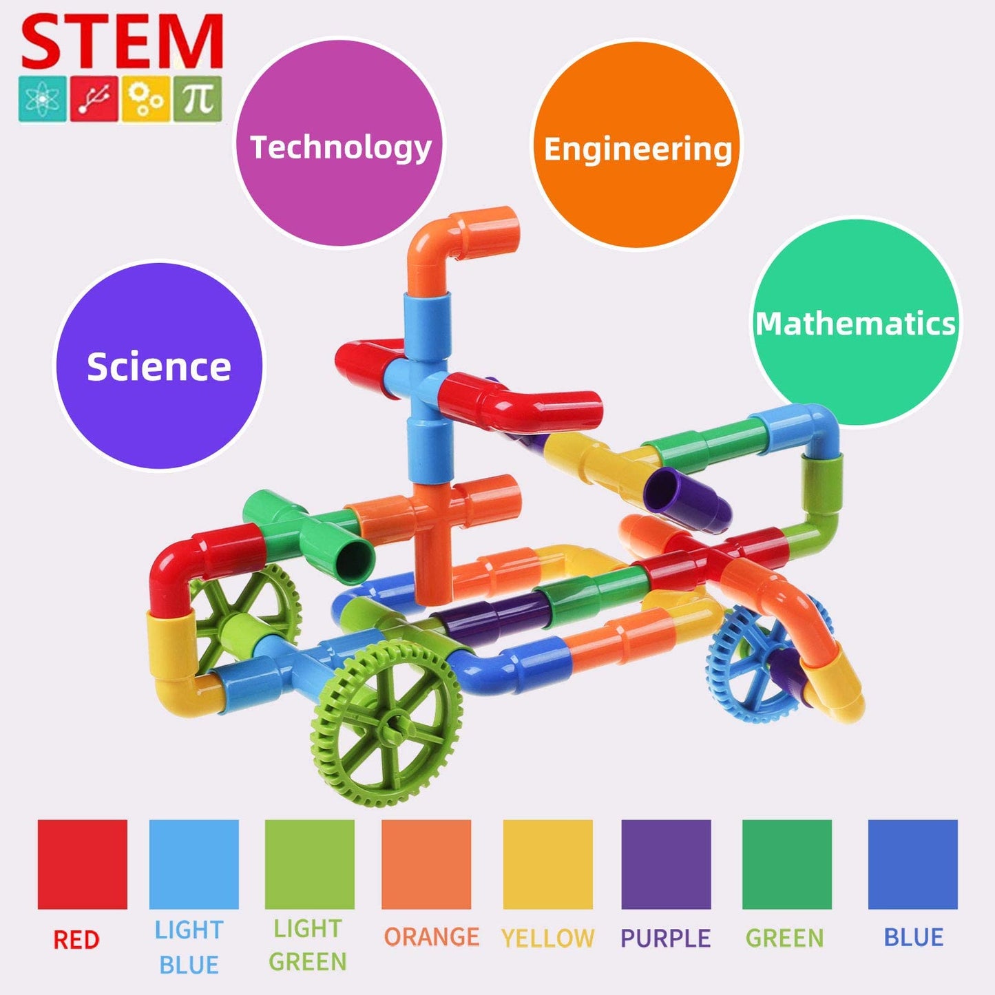 burgkidz STEM Learning Pipe Tube Construction Building Blocks, Sensory Toys with Wheels Baseplate for All Ages Kids Boys Girls, 188 Pcs