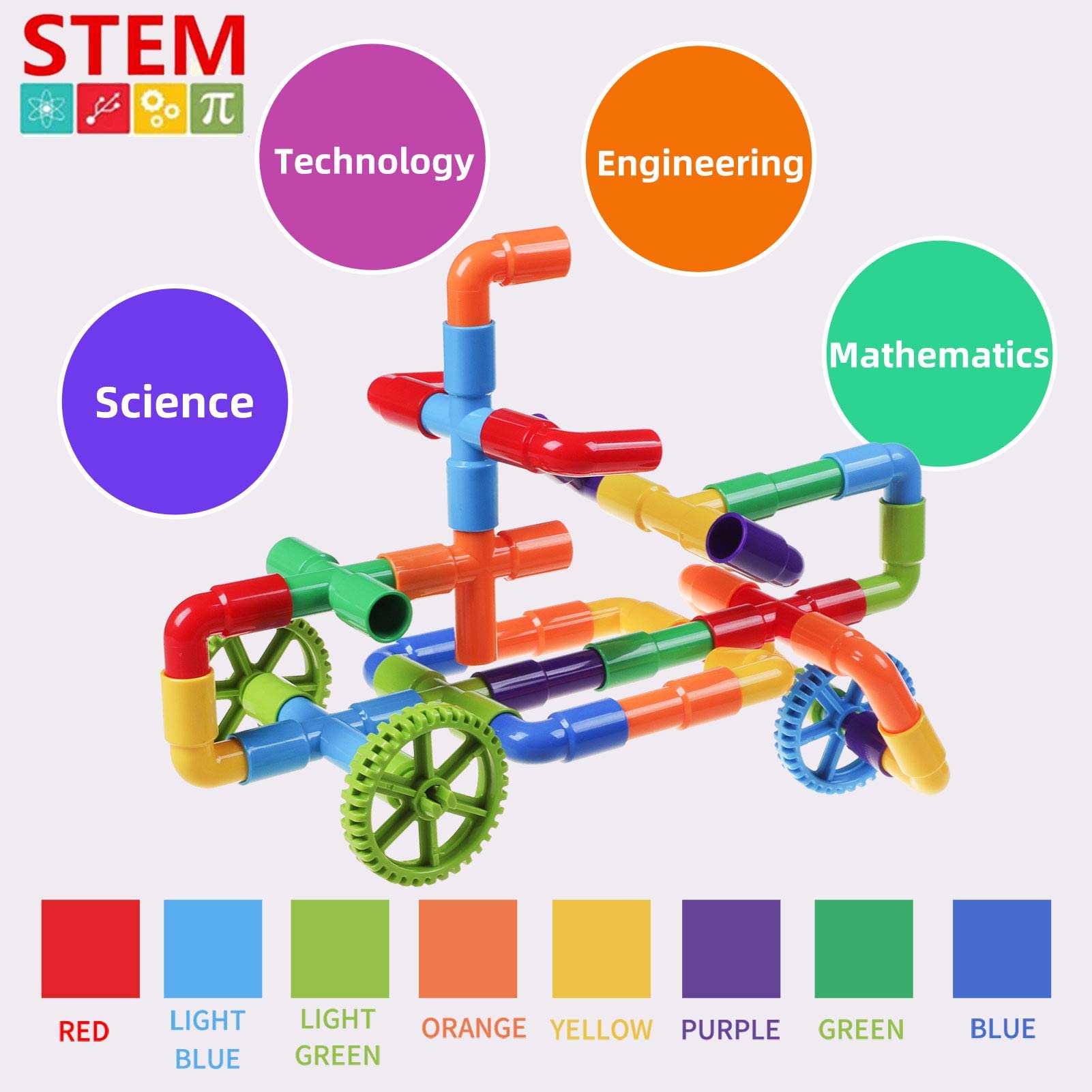 burgkidz STEM Learning Pipe Tube Construction Building Blocks, Sensory Toys with Wheels Baseplate for All Ages Kids Boys Girls, 188 Pcs