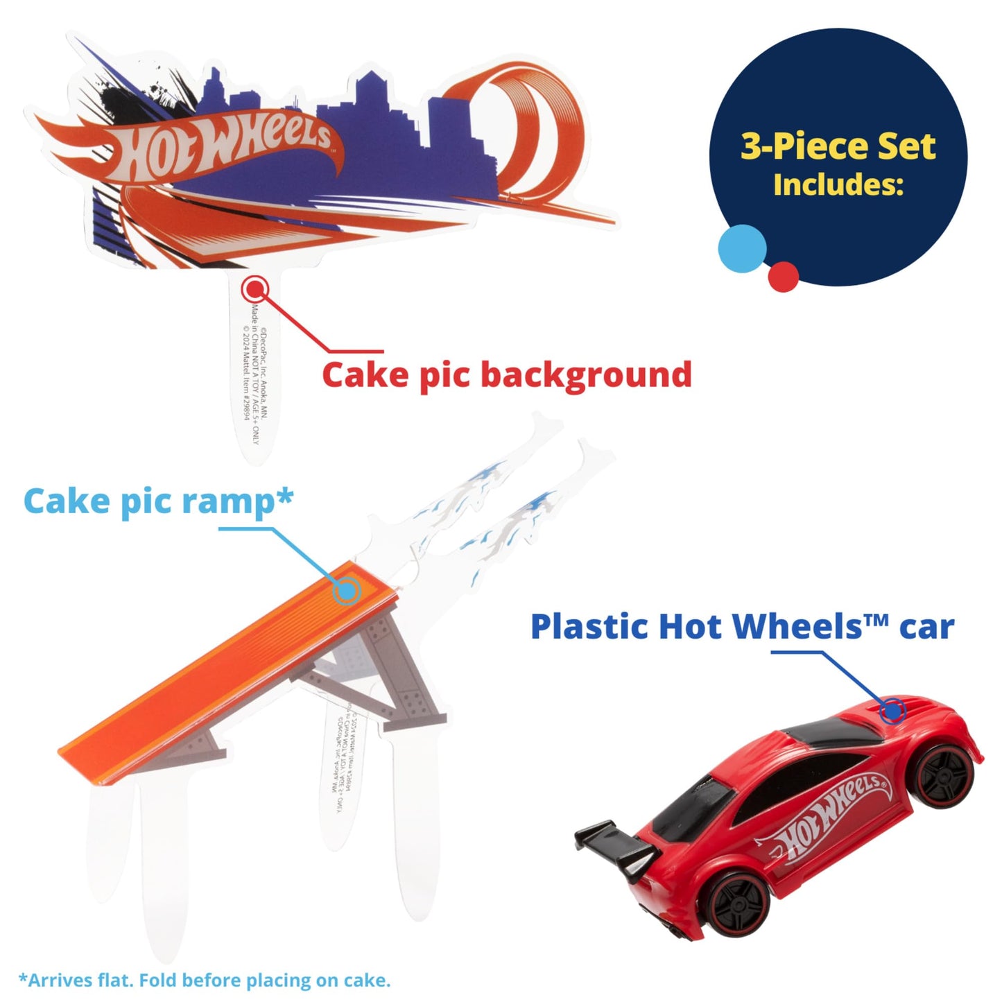 DecoSet® Hot Wheels™ Supreme Speed Cake Topper, Car Cake Decoration Set with Vehicle cake topper, Ramp and Background Pics, 3 Piece Set | For Birthday