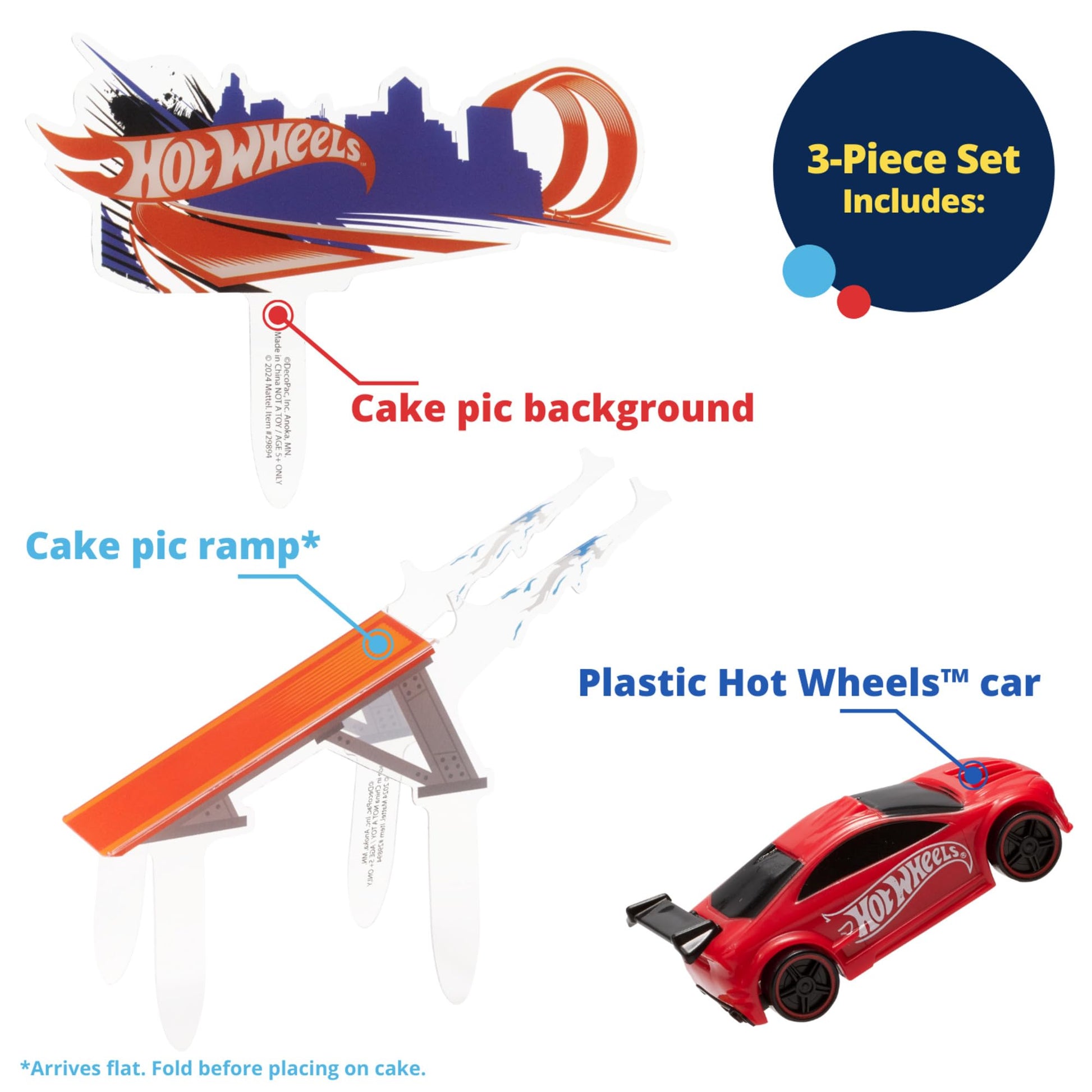 DecoSet® Hot Wheels™ Supreme Speed Cake Topper, Car Cake Decoration Set with Vehicle cake topper, Ramp and Background Pics, 3 Piece Set | For Birthday