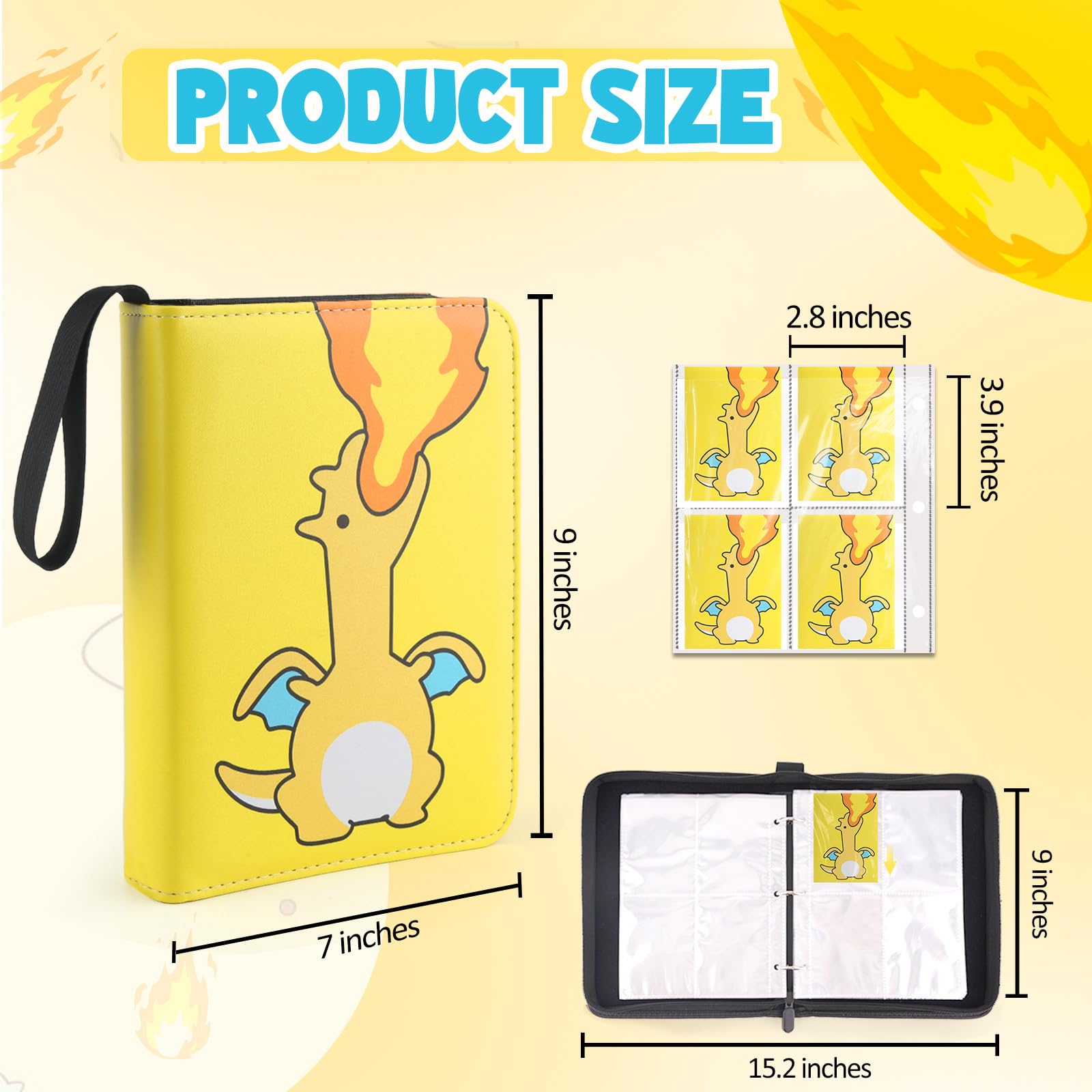 Premium Collectible Trading Card Albums?Card Binder Fits 400 Cards with 50 Removable Sleeves?Display Game Card Case book Holder, Fire Dragon Themes