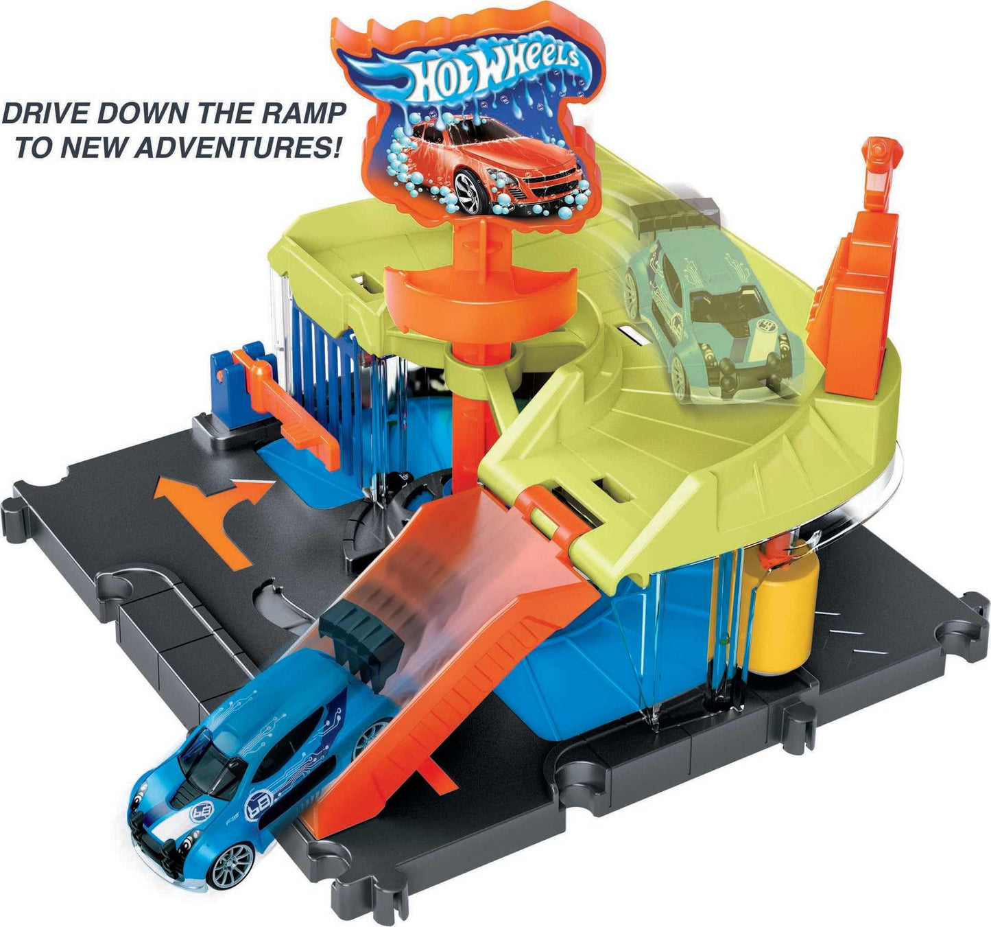 Hot Wheels City Toy Track Set, Downtown Express Car Wash Playset with 1:64 Scale Vehicle, Foam Roller & Drying Flaps
