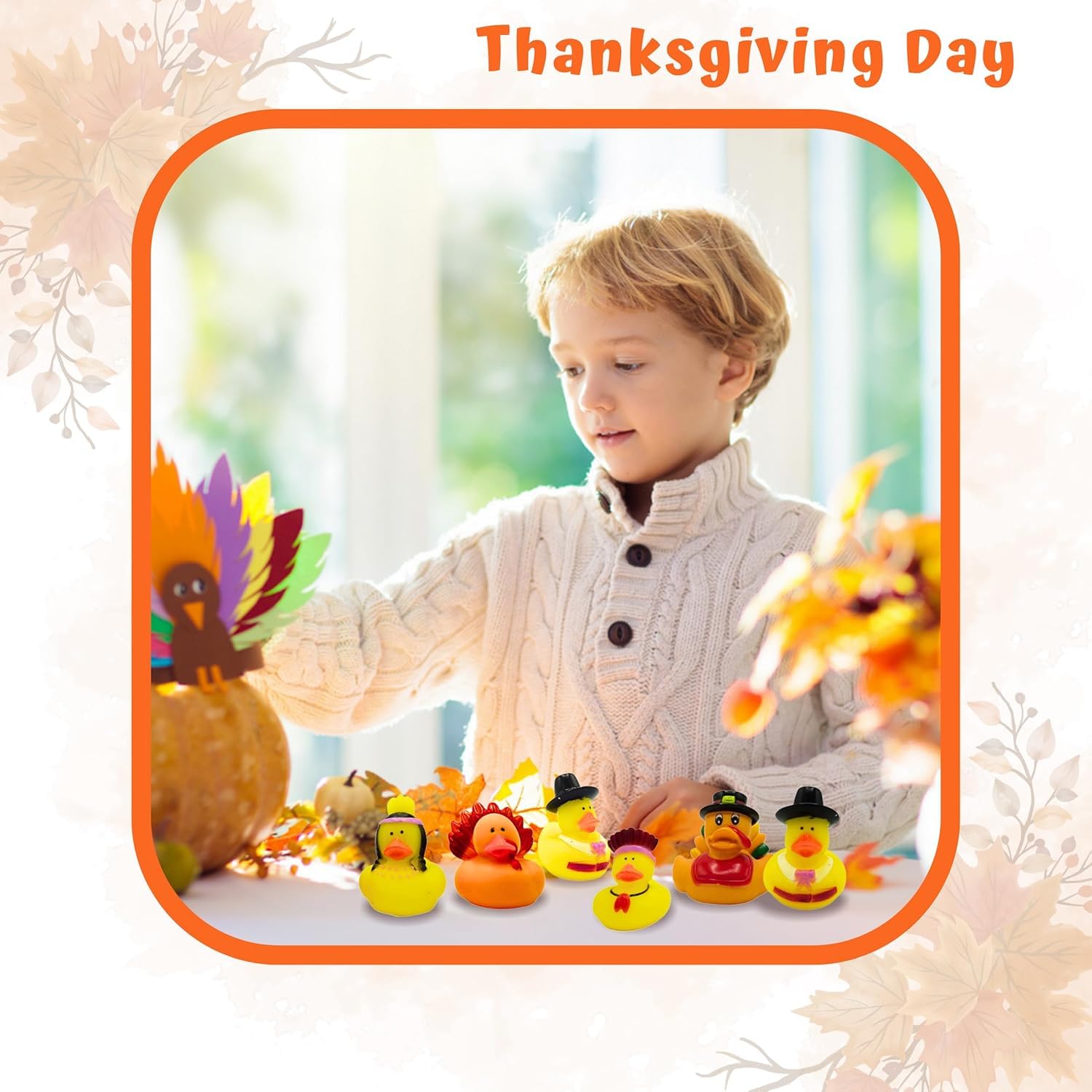 4E's Novelty Thanksgiving Rubber Duckies (24 Pack) Thanksgiving Themed Rubber Ducks Bulk Turkey & Pilgrim Ducks, Thanksgiving Party Favors Supplies