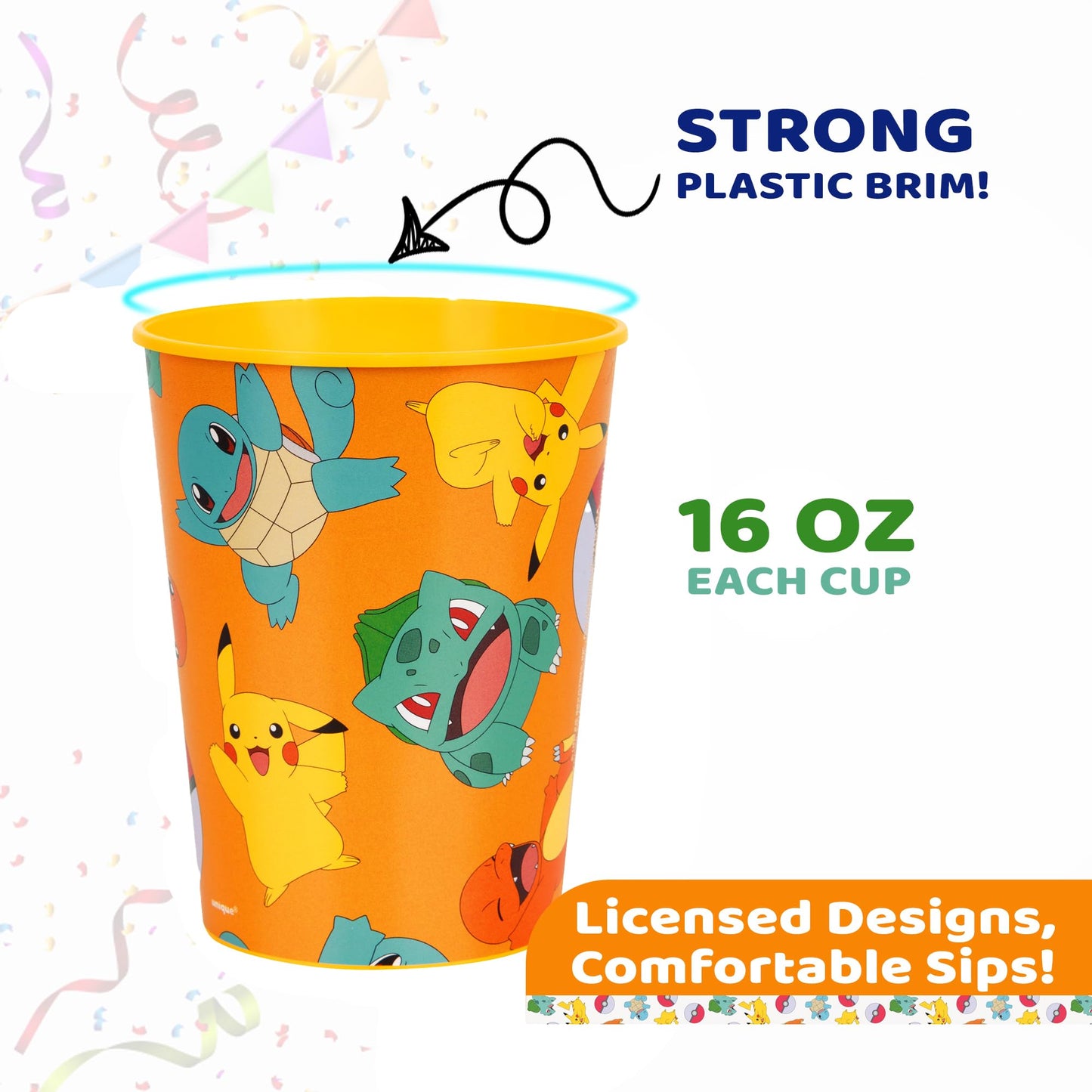 Unique Pokémon 12 Pack 16 oz Plastic Reusable Favor Cups - Birthday Party Supplies, Goodie Bag Favors, Kids’ Drinkware & Take-Home Gifts