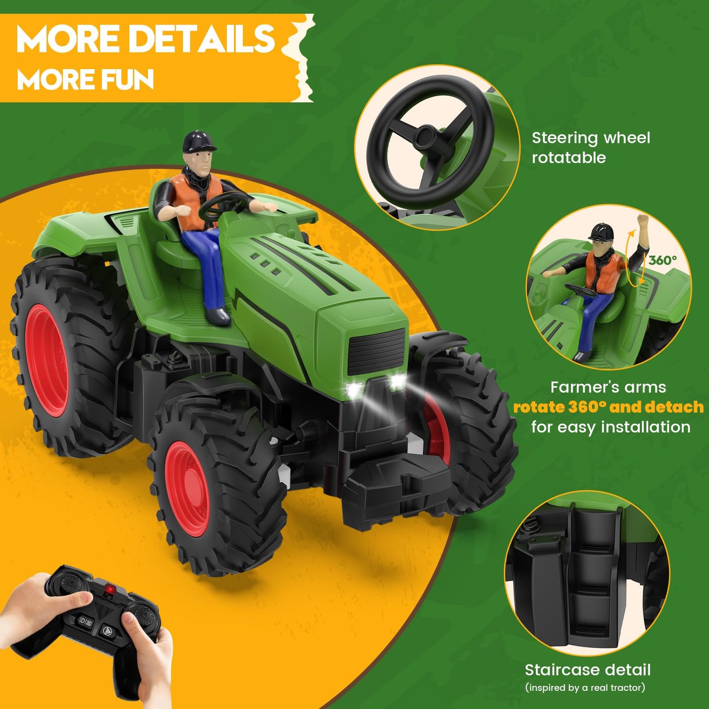 Uarzt Remote Control Tractor Toys for Kids 3-5, RC Tractor Toy with Farmer & Light,1:24 Scale, Rechargeable Farm Toy Tractor for Toddler Toy Set