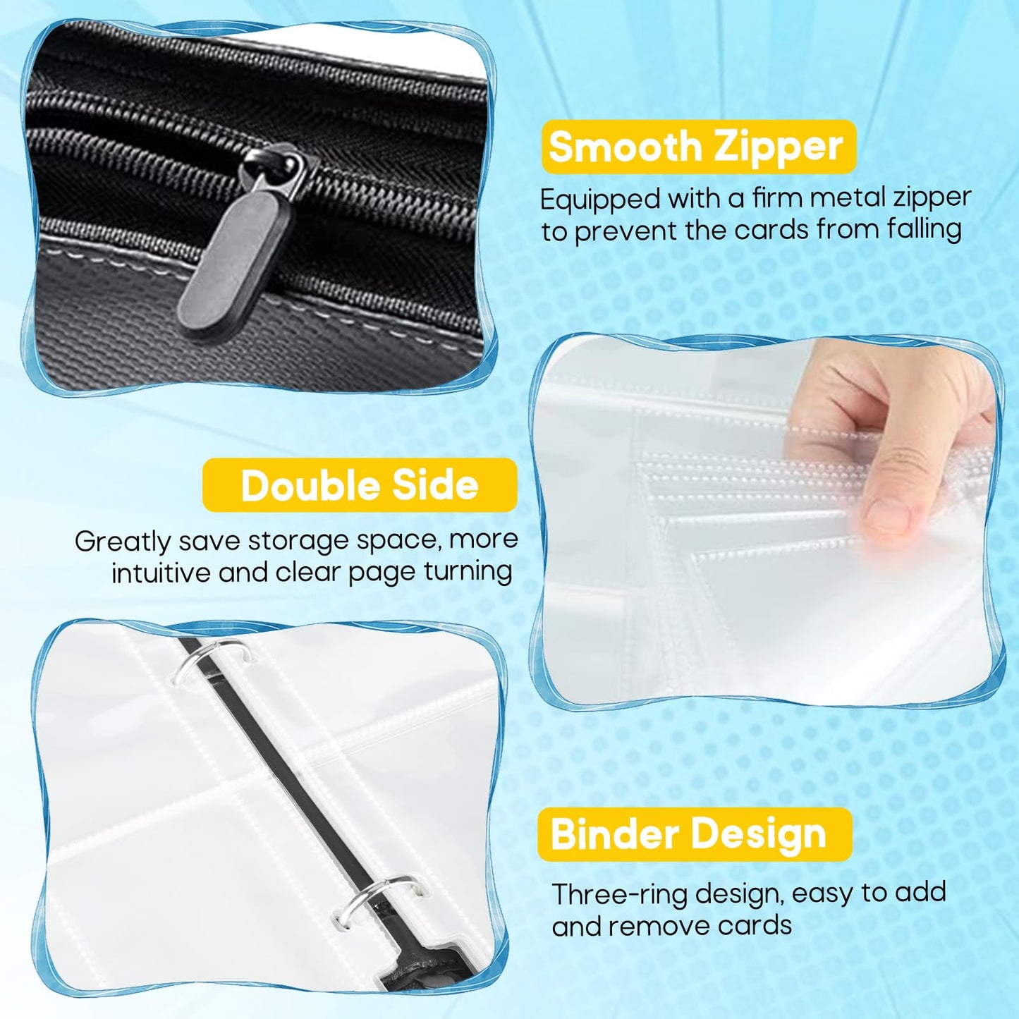4-Pocket Card Binder, 400 Pockets Trading Card Holder with 50 Removable Sleeves, Large Capacity Waterproof Zipper Album for Collectors, Portable