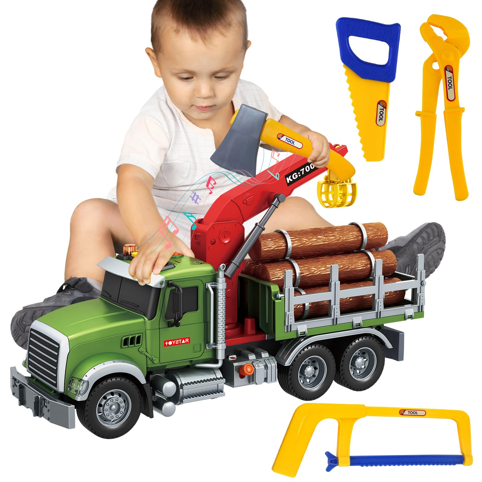 lonfypeng 15 Inch Friction Powered Timber Truck Toy with Loading Crane, 6 Wooden Logs & Lights/Sounds - Play Vehicle Gift for Boys Girls Kids Ages 3-7