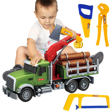 lonfypeng 15 Inch Friction Powered Timber Truck Toy with Loading Crane, 6 Wooden Logs & Lights/Sounds - Play Vehicle Gift for Boys Girls Kids Ages 3-7