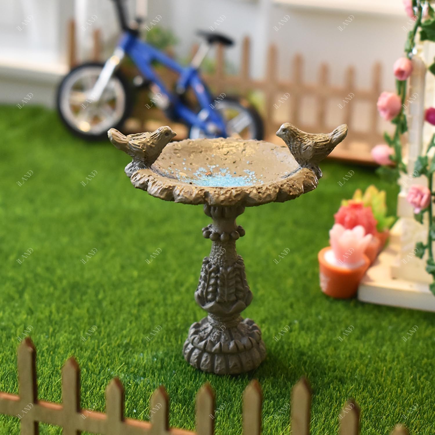 iLAND 1/12 Scale Garden Accessories Outdoor Miniature Birdbath Fountain & 2 Lion Wall Reliefs Mini Ornaments for Garden Dollhouse Décor Dollhouse