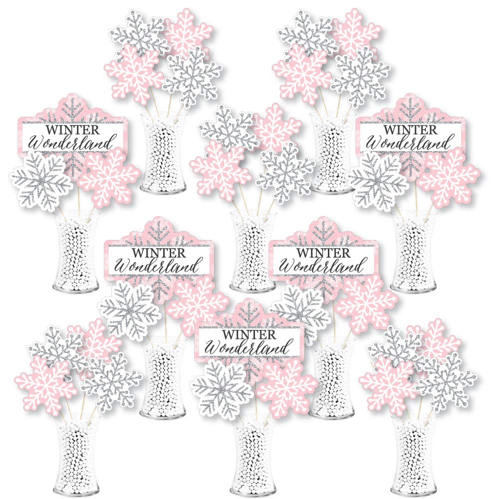 Big Dot of Happiness Pink Winter Wonderland - Holiday Snowflake Birthday Party and Baby Shower Centerpiece Sticks - Showstopper Table Toppers - 35