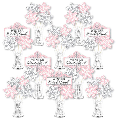 Big Dot of Happiness Pink Winter Wonderland - Holiday Snowflake Birthday Party and Baby Shower Centerpiece Sticks - Showstopper Table Toppers - 35