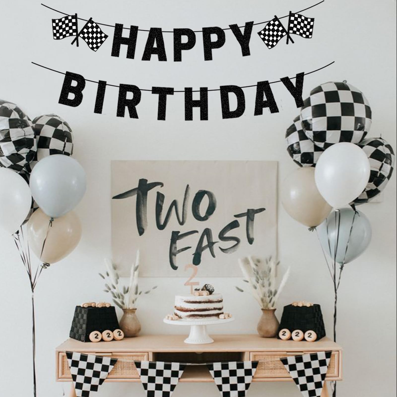 Pre-Strung Race Car Happy Birthday Banner, Race Cars Party Birthday Decorations for Boy, Black Racing Themed Birthday Party Decorations, Let’s Go