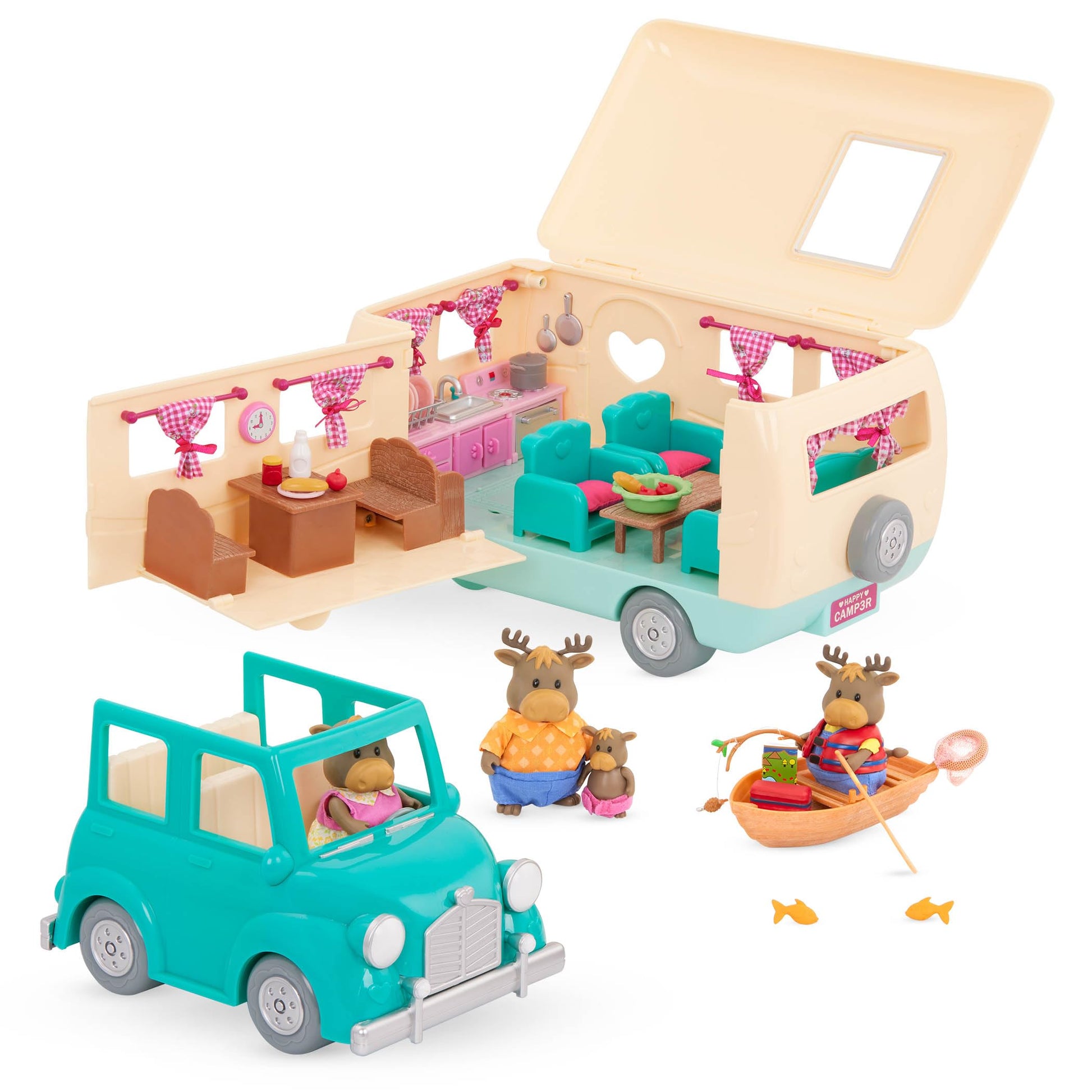 Li'l Woodzeez - 53 Pieces Happy Camper Playset with Moose Family, Detachable RV Trailer & Vehicle - Dollhouse Furniture & Accessories - Pretend Play