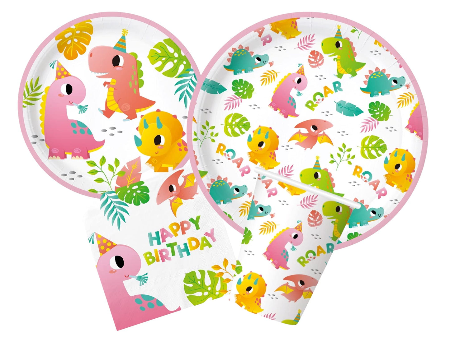 Oojami Pink Dinosaur Party Supplies for Girls - Complete Set for 30 Guests with Plates, Cups, Napkins, Table Covers, Balloons & Candles - Dino