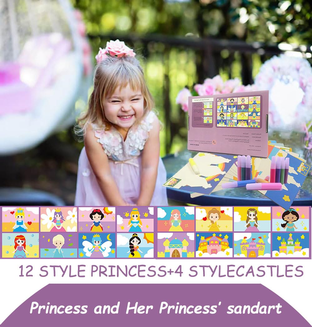 MoimTech Sand Art Kits for Kids,16 Arts and Crafts Designs,Sheet Art Painting Cards,Princess and Castle Theme,Reusable Tray 12 Color Sands