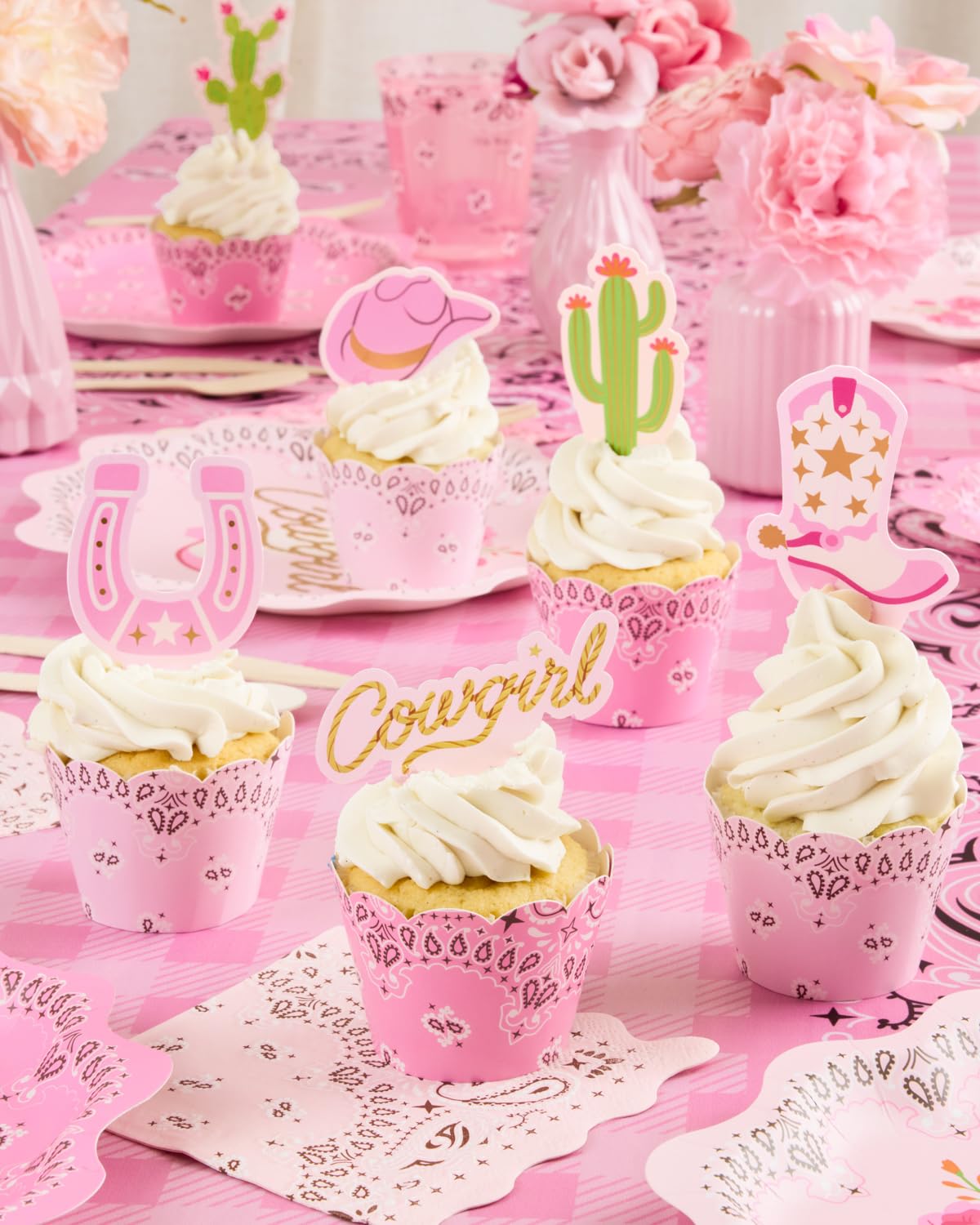 xo, Fetti Cowgirl Cupcake Toppers and Wrappers - 24 Pc Set | Pink Western, First Rodeo Birthday, Bandana Party, Western Cowboy Cake Decor
