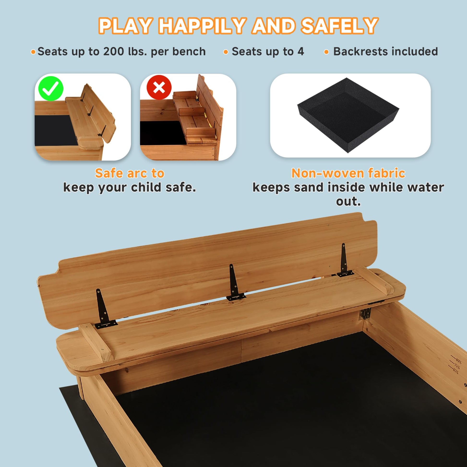 Large Wooden Sandbox Outdoor Sand Pit with Lid Cover Foldable Bench Seat Bottom Liner Sand Box for Garden Patio Beach Backyard Play Aged 3-12 Years