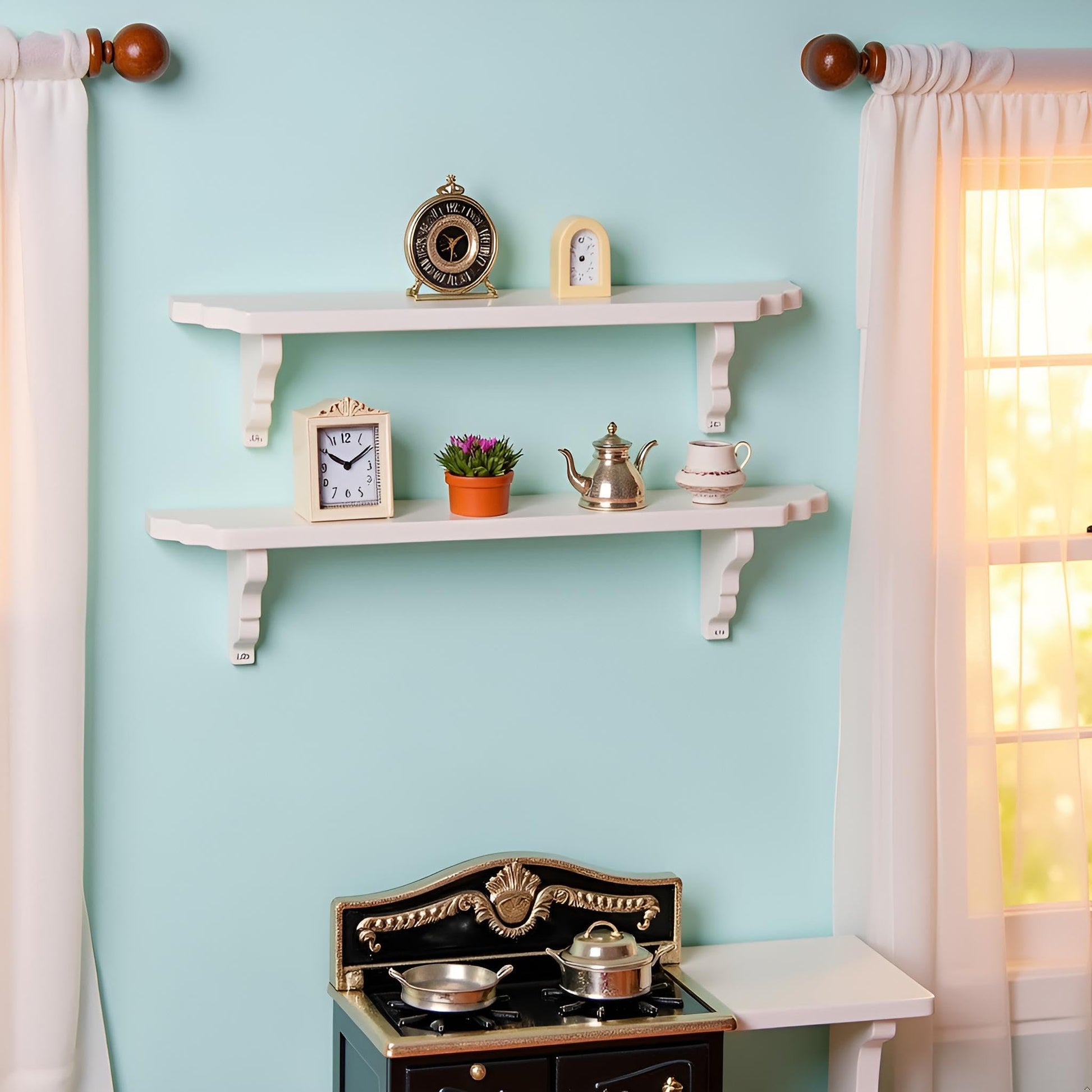 Jowxsx White Dollhouse Wall Shelf, 1/12 Scale Miniature Dollhouse Accessories, Doll House Storage Wall Shelf for Kitchen Scene, DIY Micro Landscaping