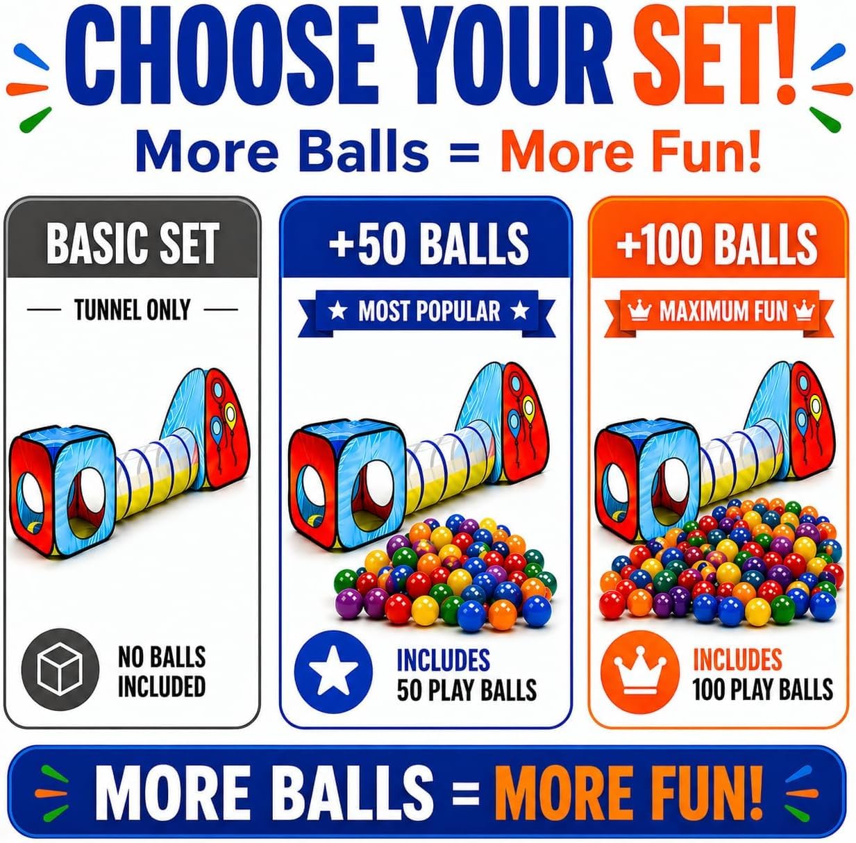 Kiddey Tunnel and Ball Pit Play Tent | 3pc Pop Up Toddler Gym Tunnels with Tents for Kids, Toddlers, Infants Boys & Girls | Indoor & Outdoor Gift Game