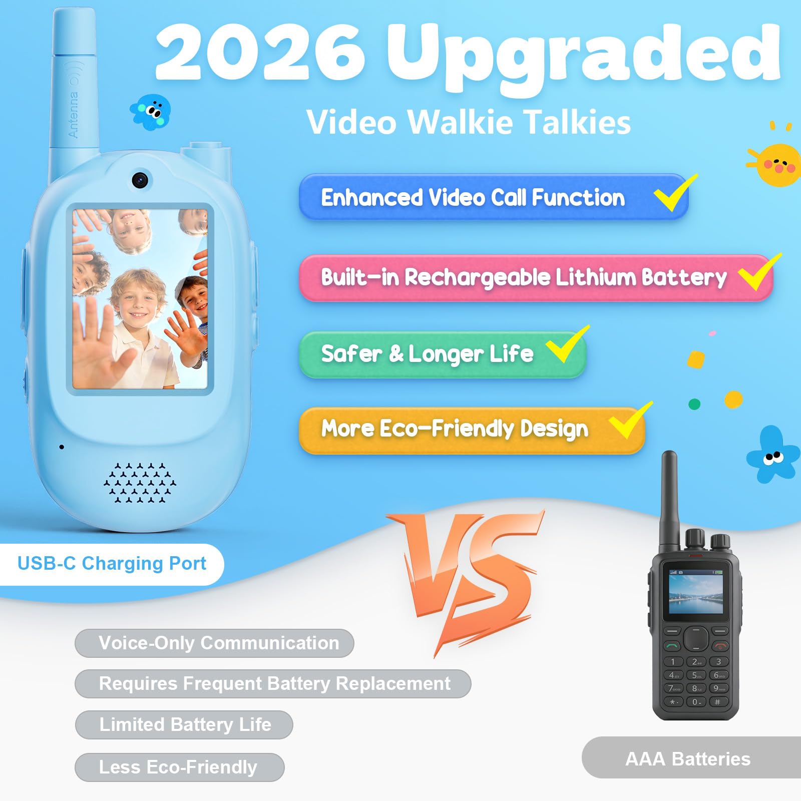 Video Walkie Talkies for Kids, 2 Pack Rechargeable with Screen & Voice Changer, Long Range Two Way Radios for Indoor Outdoor Play, Camping, Birthday