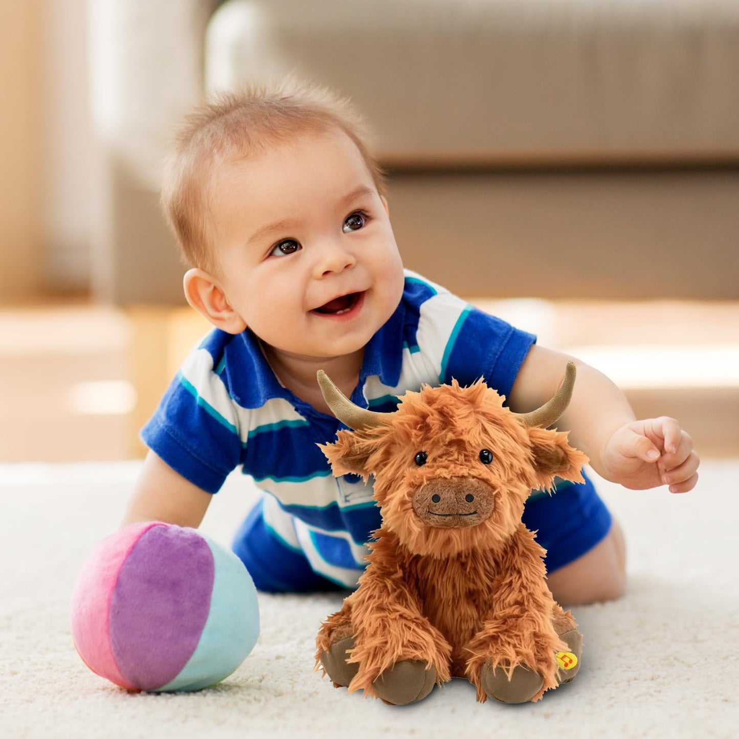 SOLPOBEI Music Highland Cow Stuffed Animal with Sound, Farm Cow Toy with ''Moo''Sound, Soft Farm Animal Cattle Plushie Doll Festival Presents
