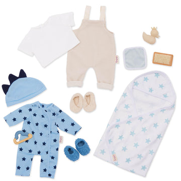 LullaBaby - 13 Pieces Fashion Set - 14-Inch Baby Doll Clothes - Pajama, Jumper & Bath Accessories - Pretend Play 2+ Years- Baby Doll Clothing Set