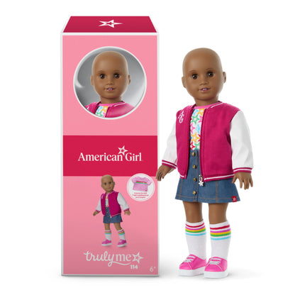 American Girl, Truly Me 18-inch Doll #114 with Brown Eyes, Without Hair, Deep Skin, Varsity Jacket, for Ages 6+