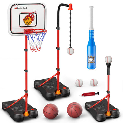 Kids Basketball Hoop Set with T Ball Stand, 4 in 1 Adjustable Kids Sports Toy Indoor Outdoor, Basketball Goal for Kids 2 to 8, Easy Setup, Durable