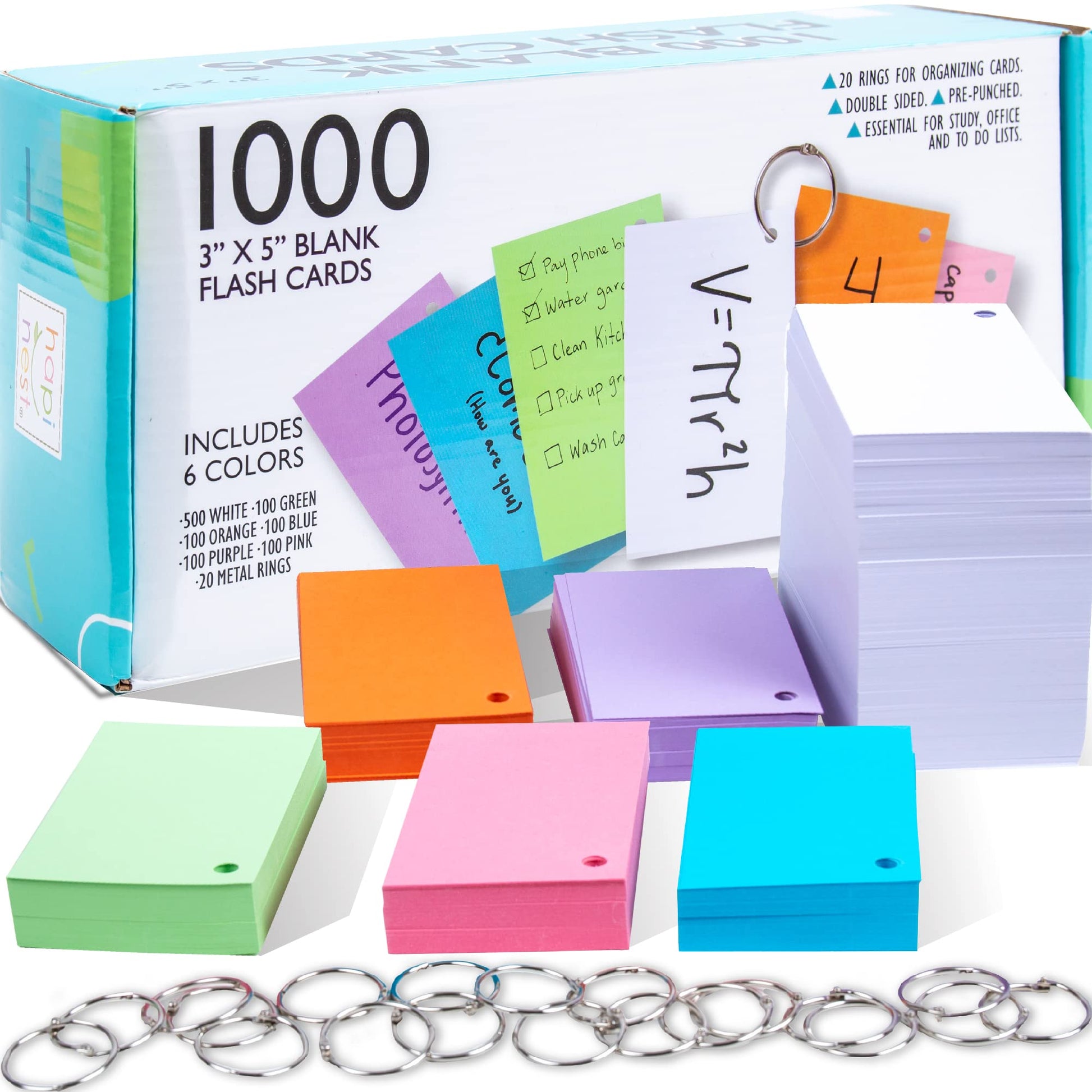 Hapinest 1000 Blank Flash Cards Colored Index Cards 3x5 w/20 Binder Rings, Unruled Unlined Index Cards with Ring, Hole Punched Notecards Flashcards