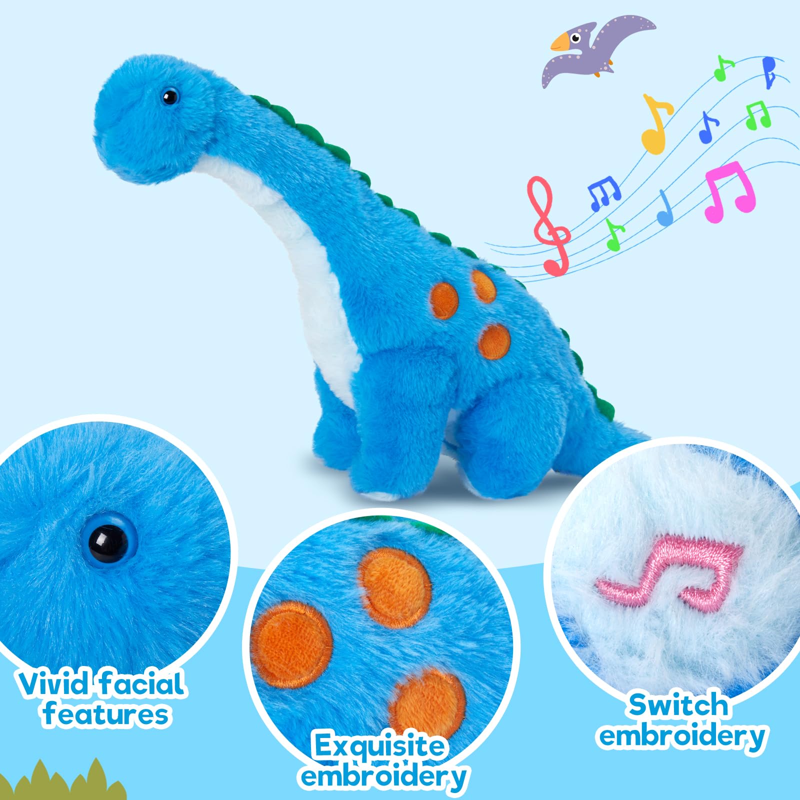 Houwsbaby 14" Blue Musical LED Dinosaur Stuffed Animal Floppy Diplodocus Plush Toy Singing Light Up Adorable Long Neck Lullaby Animated Soothe Baby