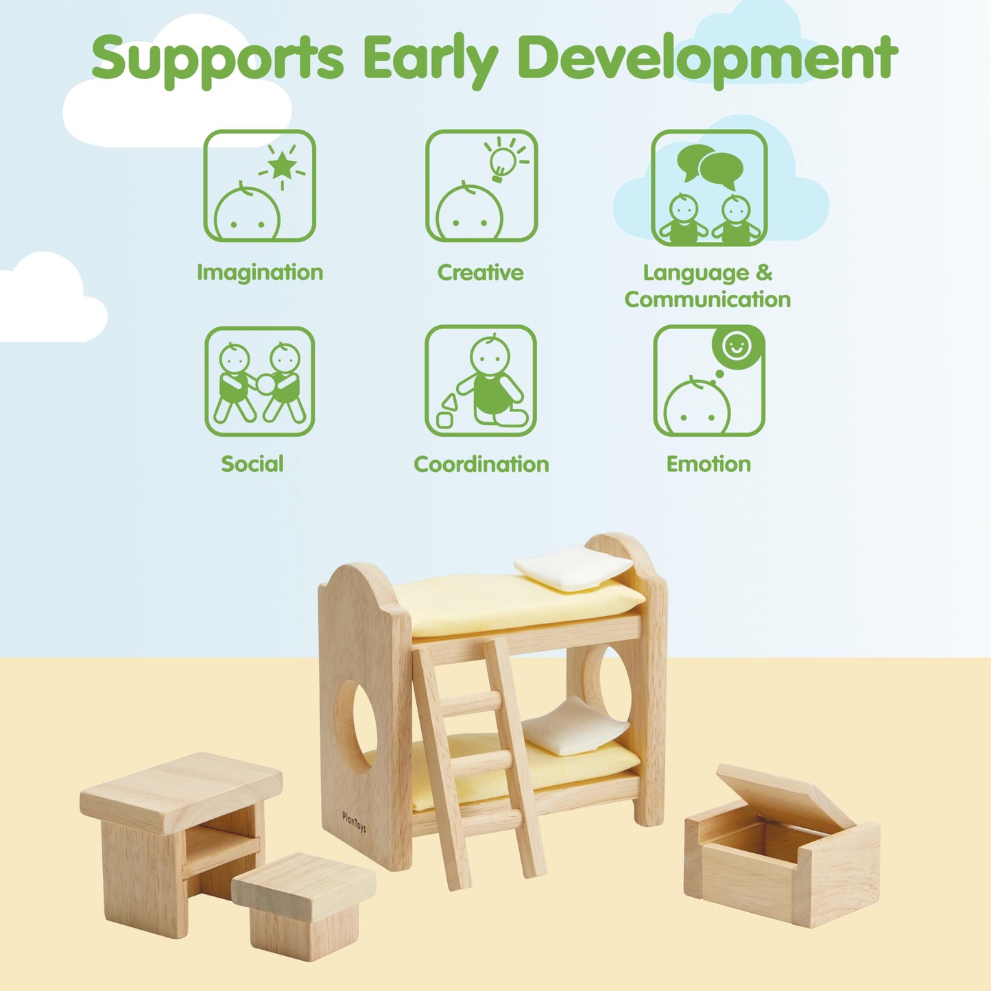 PlanToys® Wooden Children’s Room Classic Set for Montessori Small World Play | Creative Role Play and Social Interaction | Eco Friendly Wooden