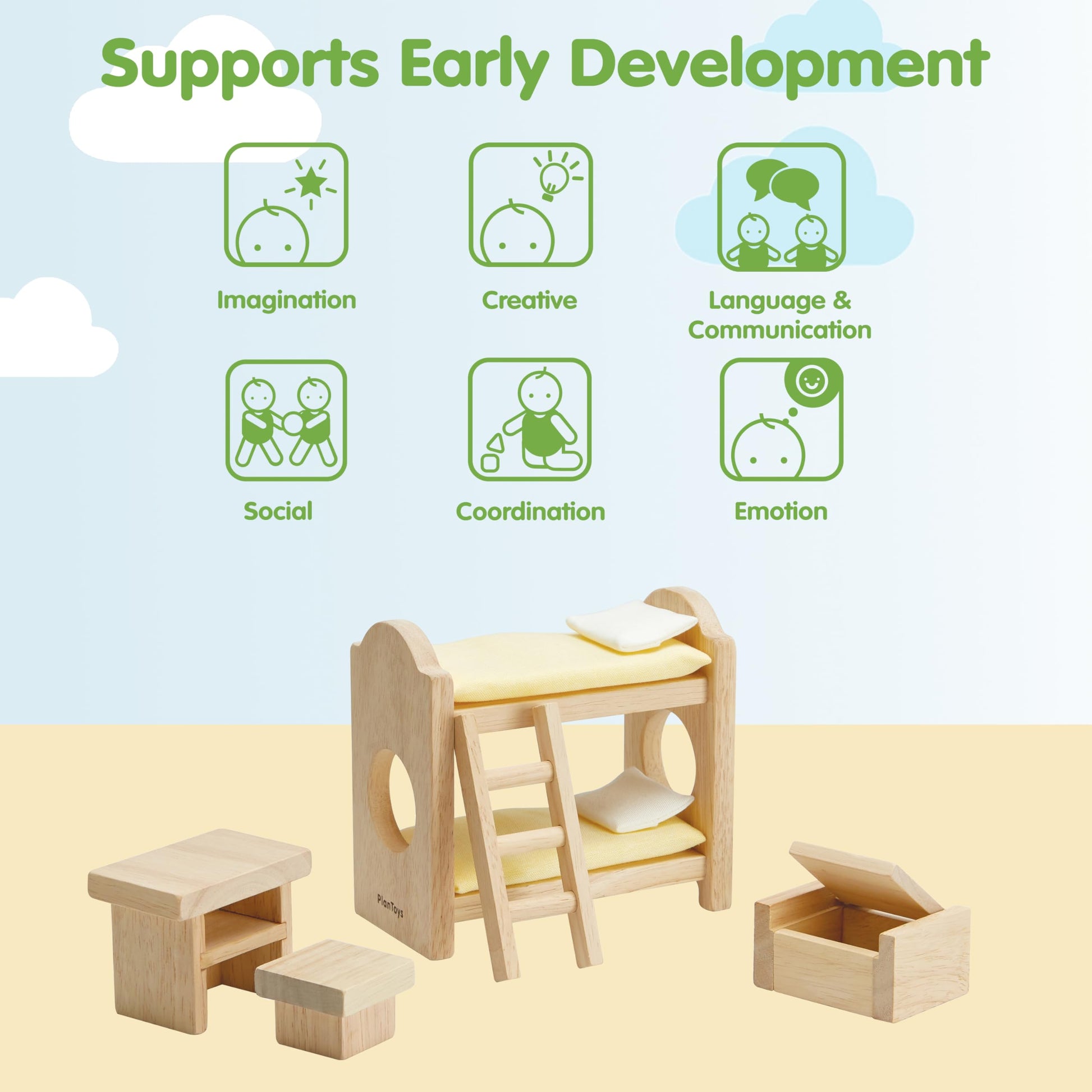 PlanToys® Wooden Children’s Room Classic Set for Montessori Small World Play | Creative Role Play and Social Interaction | Eco Friendly Wooden