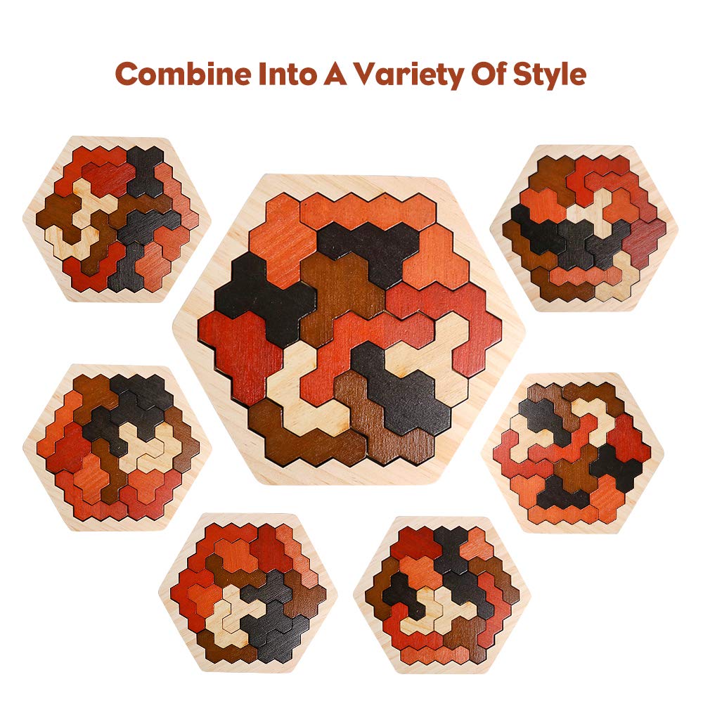 Skrtuan Wooden Hexagon Puzzle for Kids & Adults, Montessori STEM Educational Toy with Colorful Shapes, Logic IQ Brain Teaser Game for Kids, Geometry