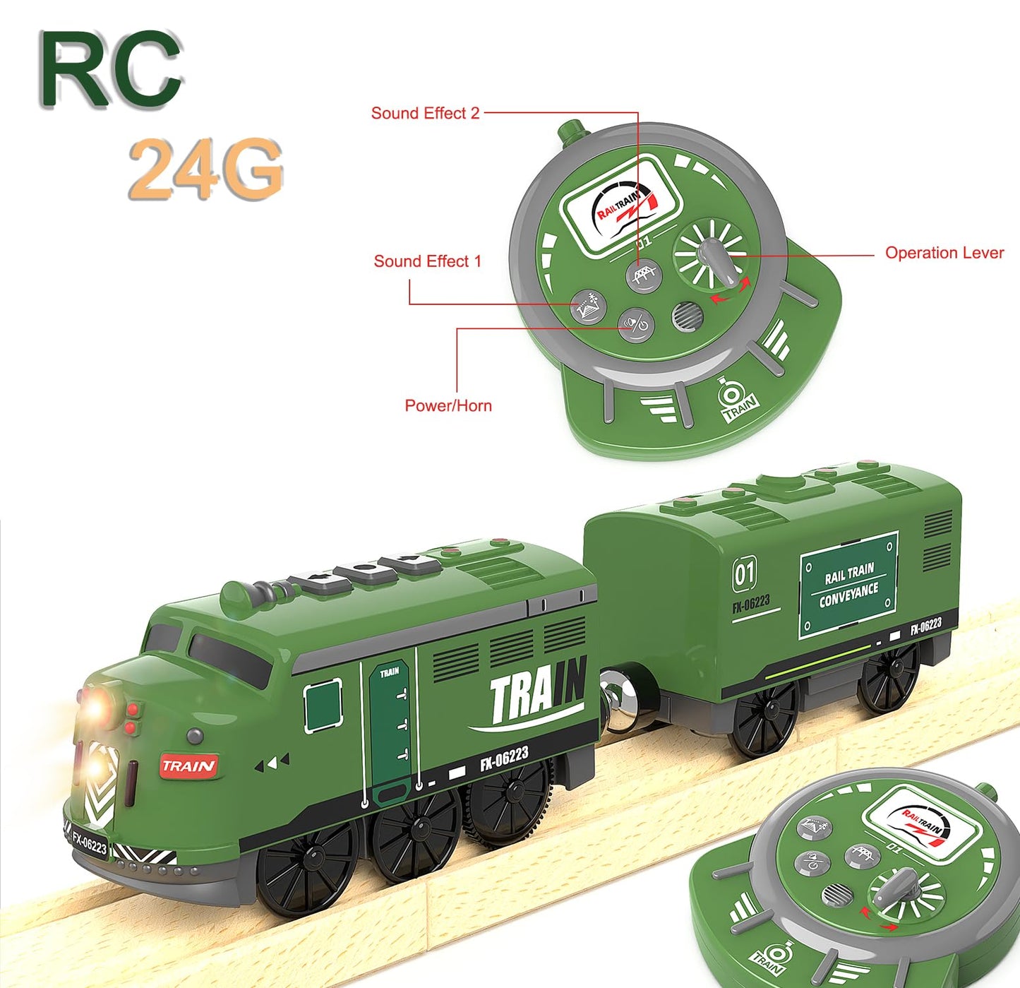 Train Toy Remote Control Locomotive, Motorized Train Set for Wooden Track, Electric Trains with Sound & Lighting Effects Compatible with Thomas, Brio
