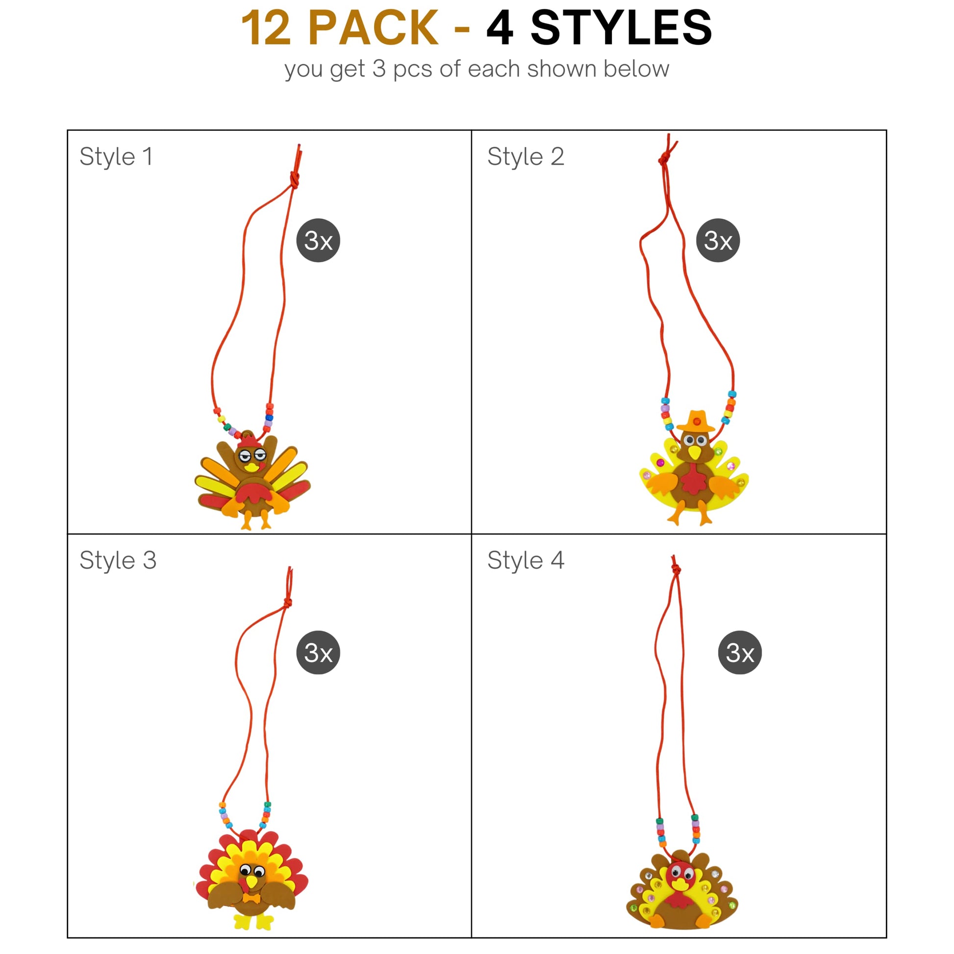 4E's Novelty Thanksgiving Necklace Crafts for Kids Bulk - 12 Pack DIY Turkey Necklace Craft for Kids with 4 Styles, Thanksgiving Toddler Craft
