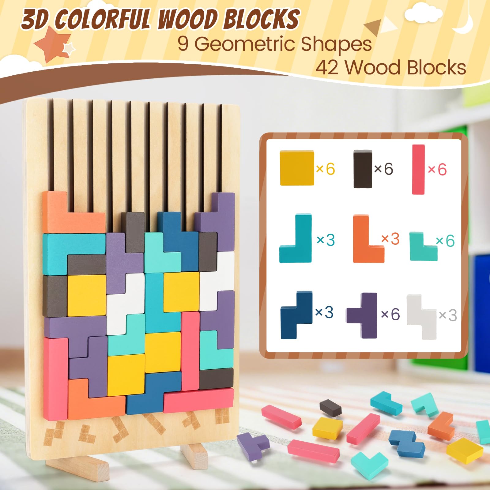Coziyee Wooden Stacking Puzzle Toy, 3D Colorful Wood Russian Blocks Puzzle Games Brain Teasers Montessori Toys for Toddler Kids 3 4 5 6 7 Years Old