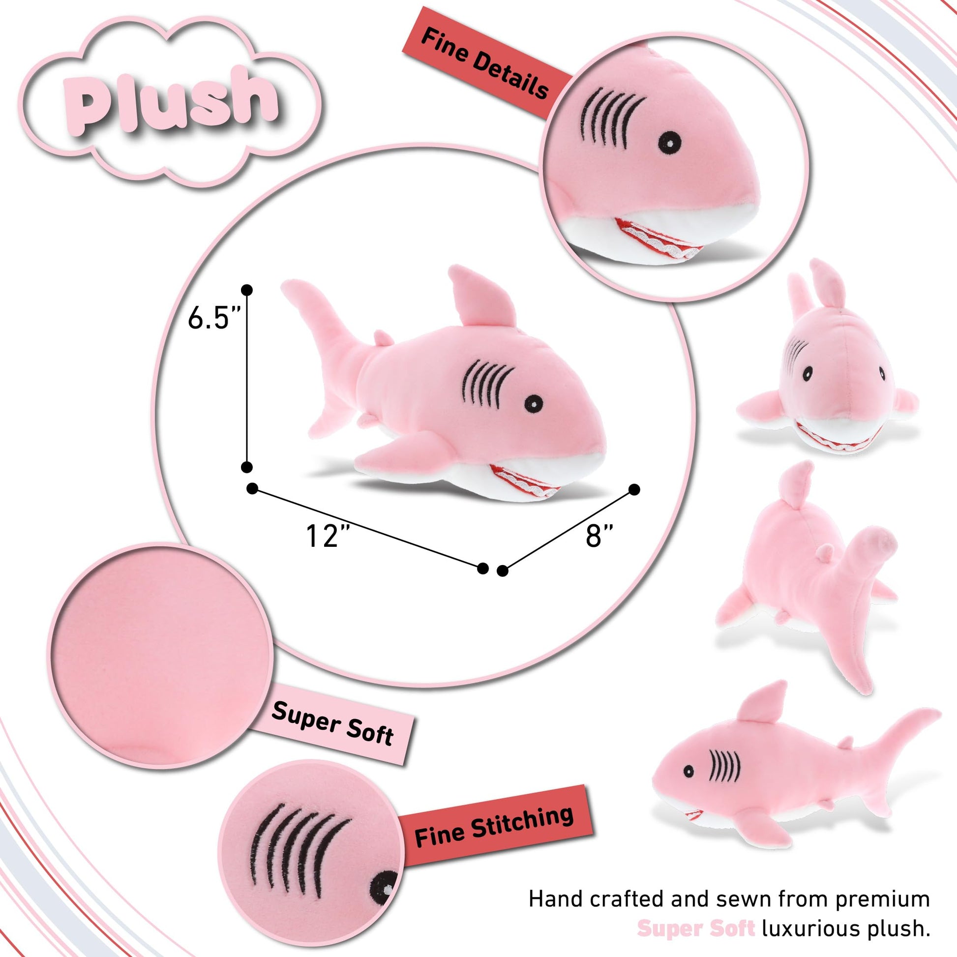 DolliBu Baby Soft Plush Pink Shark Toy - Stuffed Animal Shark Plush for Boys and Girls, Sea Animal Toys and Shark Gifts for Kids, Teens and Adults