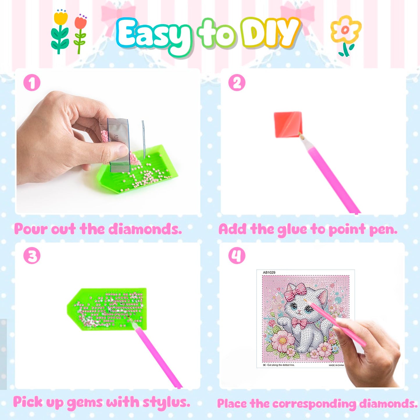 Diamond Art Kits for Kids, 4 Pieces Cartoon Animals Diamond Painting Kits for Adults Beginner, 5D Full Round Drill Gem Art Arts and Crafts for Kid