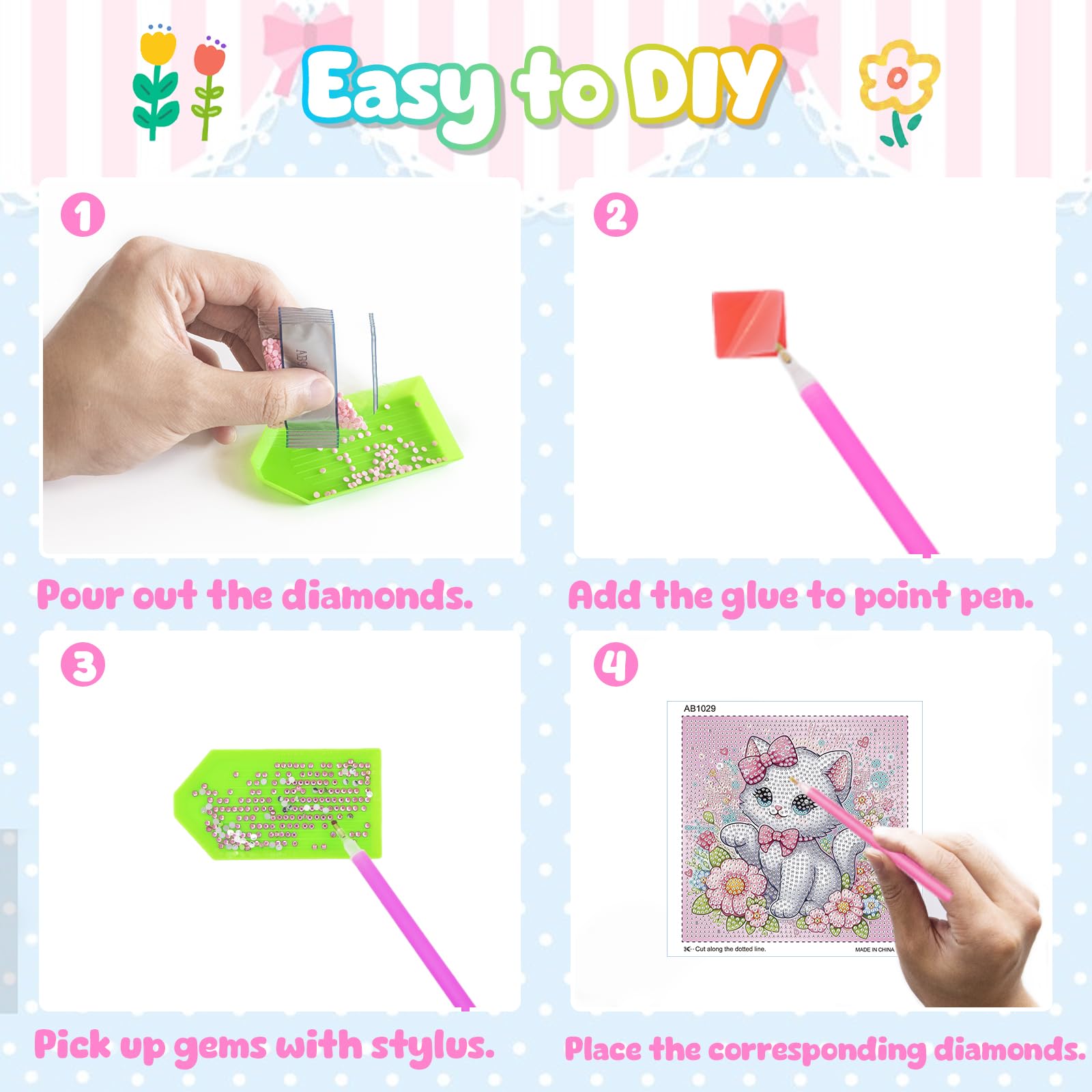 Diamond Art Kits for Kids, 4 Pieces Cartoon Animals Diamond Painting Kits for Adults Beginner, 5D Full Round Drill Gem Art Arts and Crafts for Kid