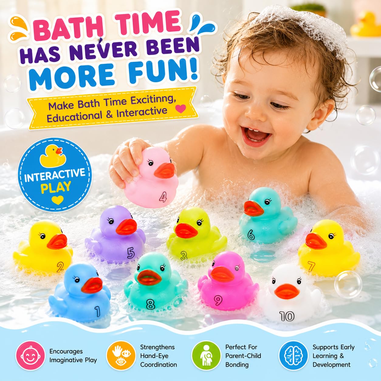 10 Pack: Numbers Counting Rubber Ducks Colorful Bath Toys - 1, 2, 3 Learn to Count Numeracy Early Learning Educational Bathtime Squeak Duckies Bathtub