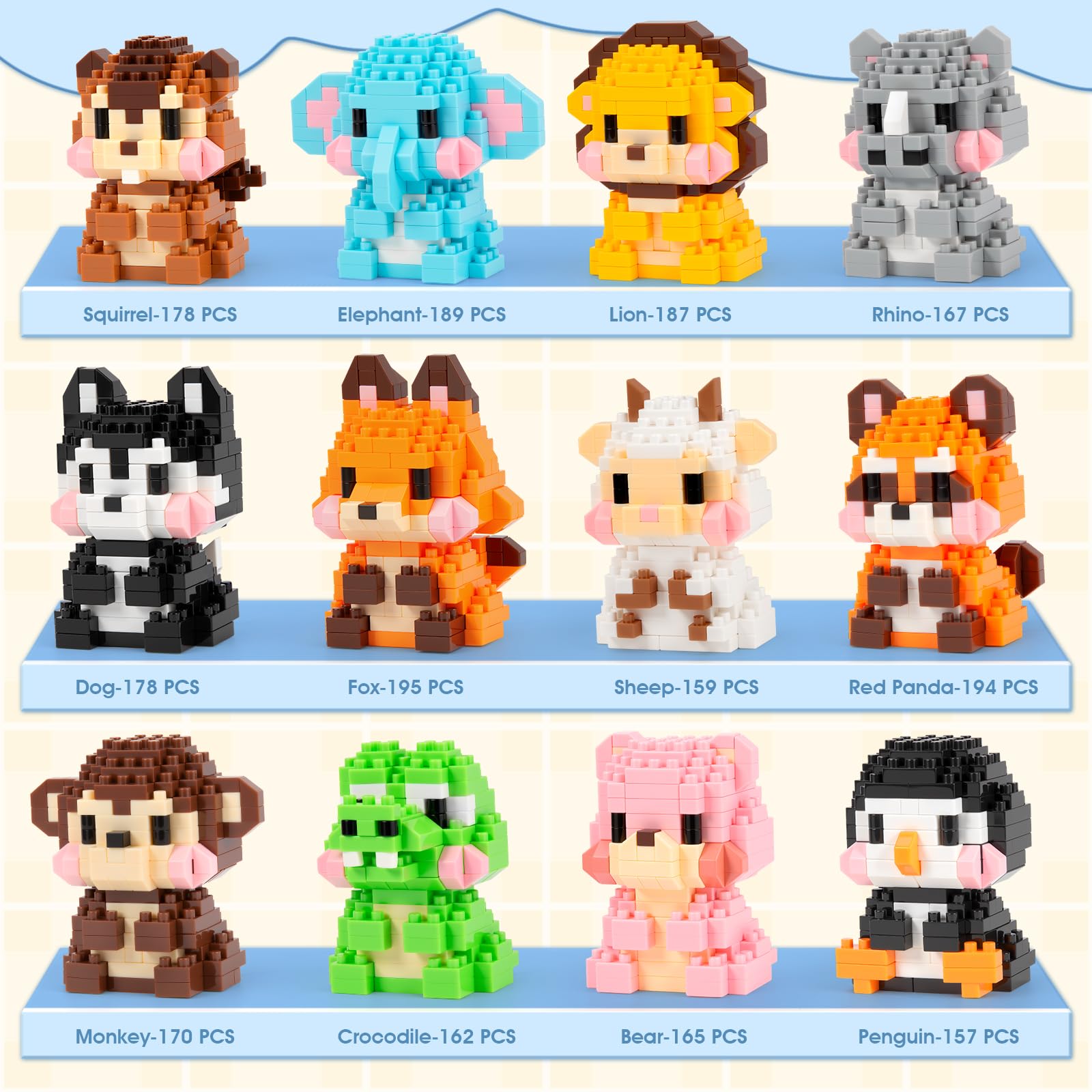 HIGH GODO Animal Party Favors Building Blocks, 12 Pack Mini Animals Building Set, Goodie Bag Stuffers, Classroom Small Prize Toys Gifts for Adults