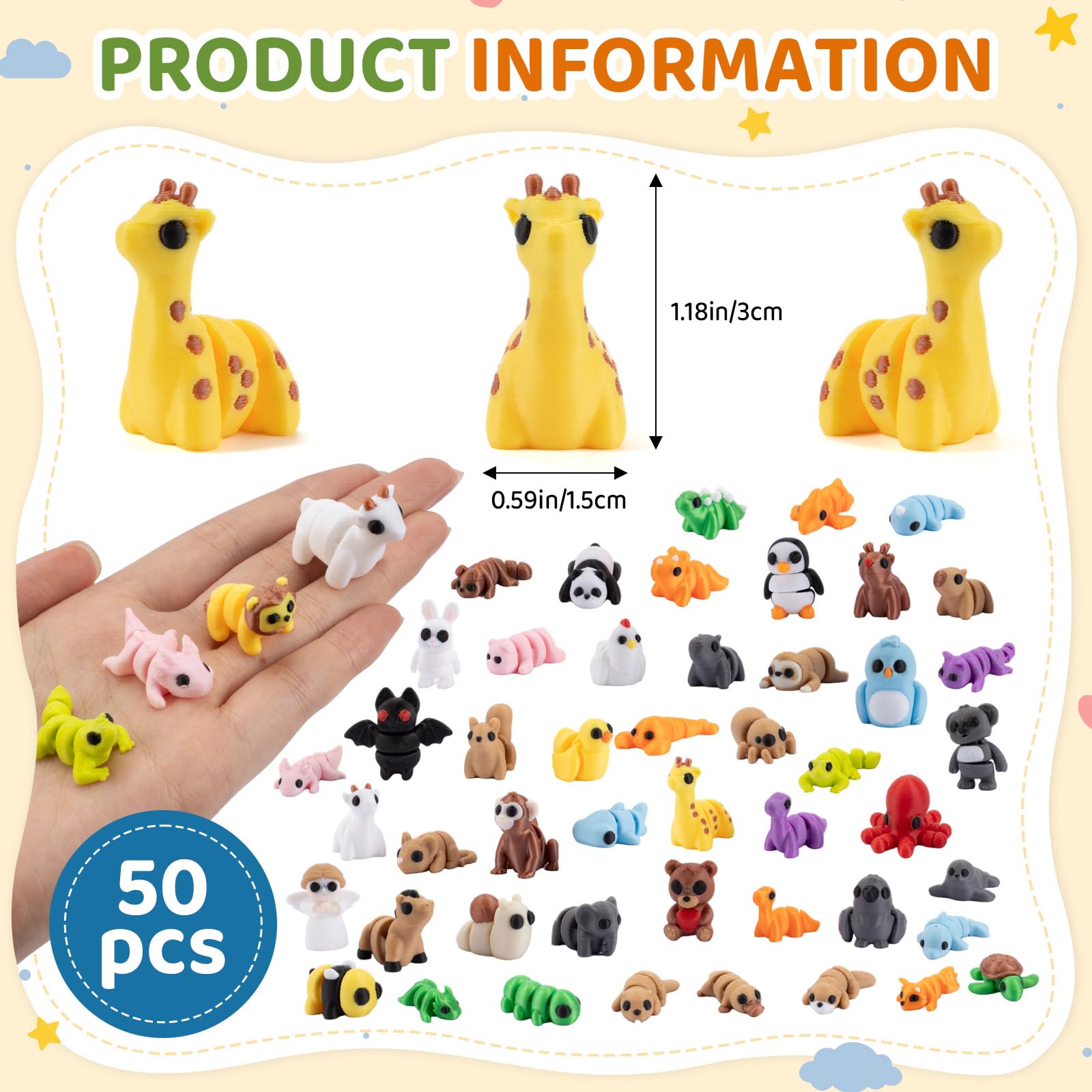 SJKHGU 50 Pcs Articulated 3D Printed Animals Bulk Set, Mini 3D Printed Animals, Pocket 3D Printed Toys, Desk Pets, Classroom Rewards, Party Favors