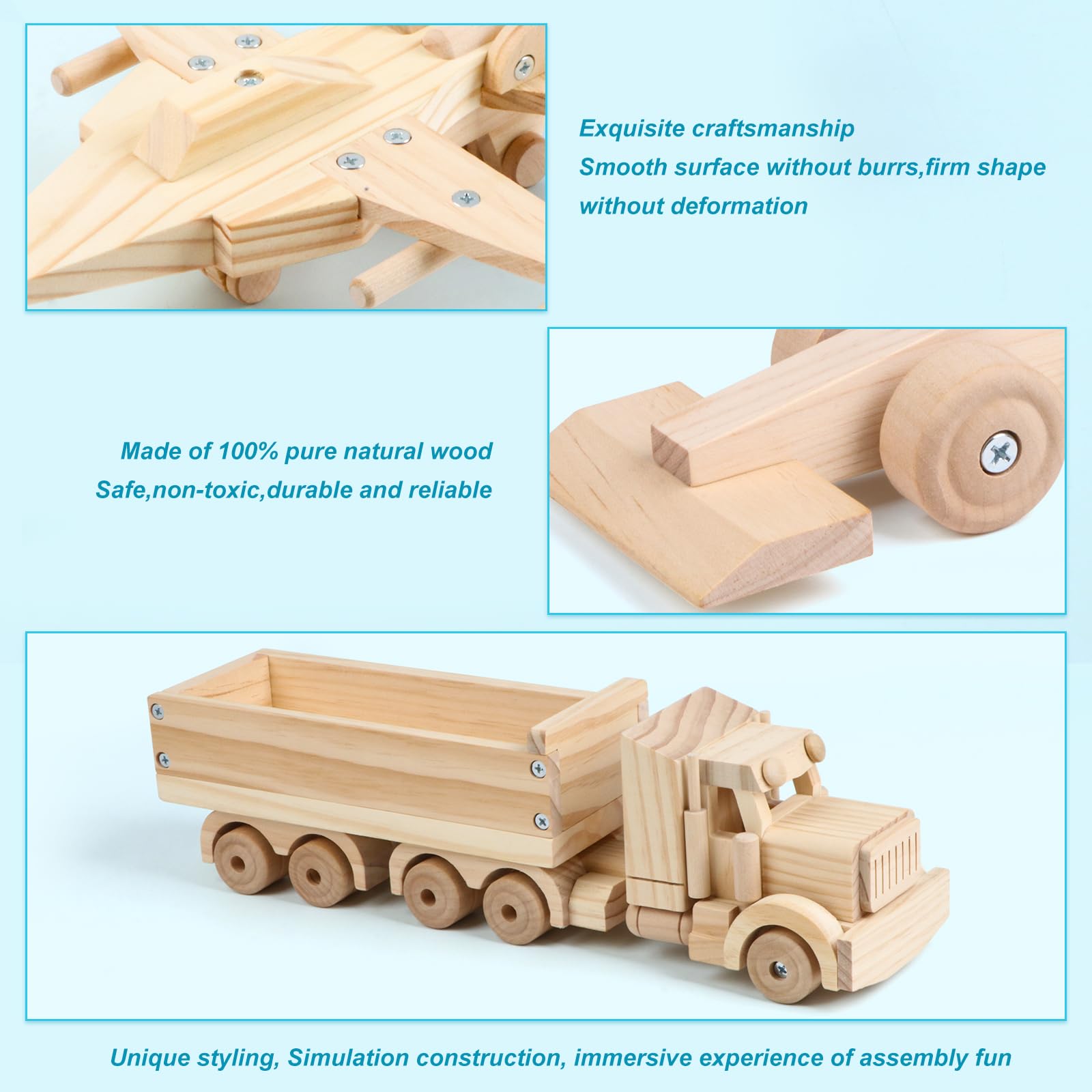 VOMOCNET 3 Pack DIY Wooden Model Building Kit, Includes Fighter Jet, Truck, Race Car, Paint Your Own Arts and Crafts, STEM Toys Birthday Gifts