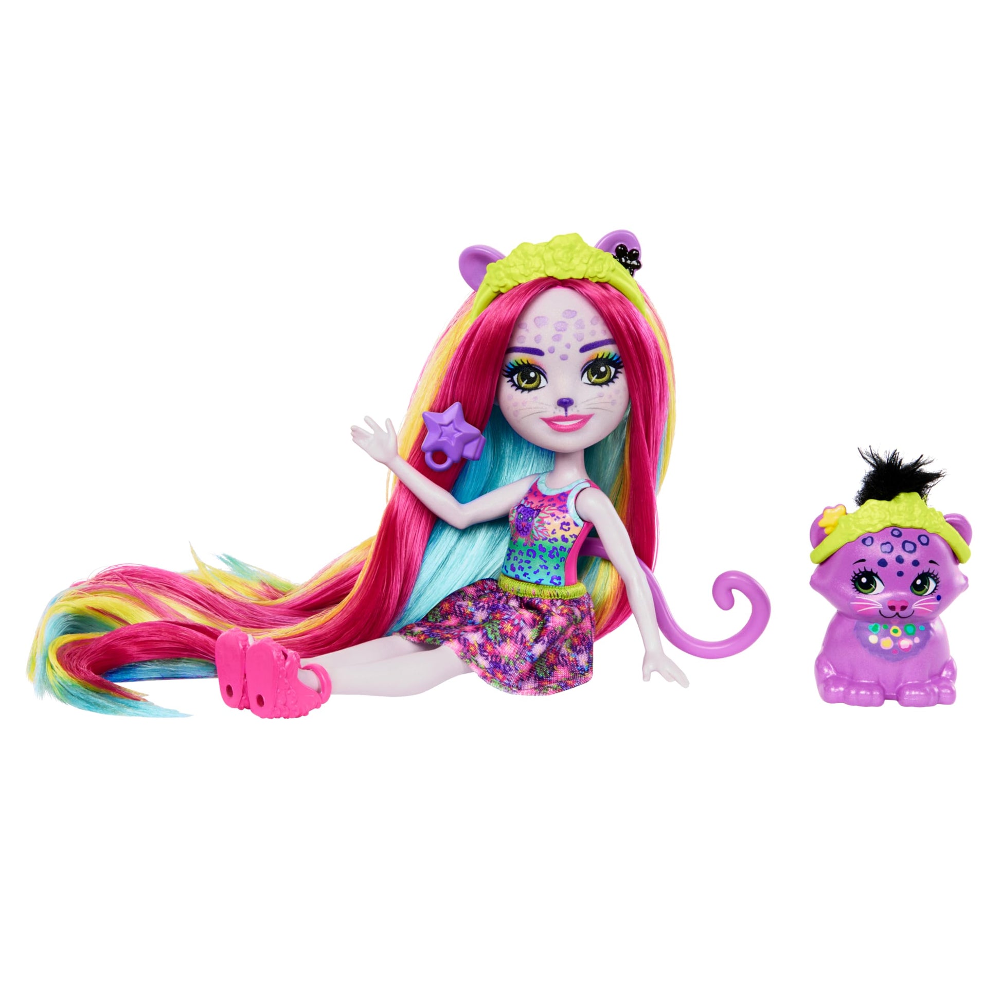 Enchantimals Persida Panther and Mistery Sunshine Beach Hair Doll, Animal Figure and Accessories, Coloured Dresses, HTJ69