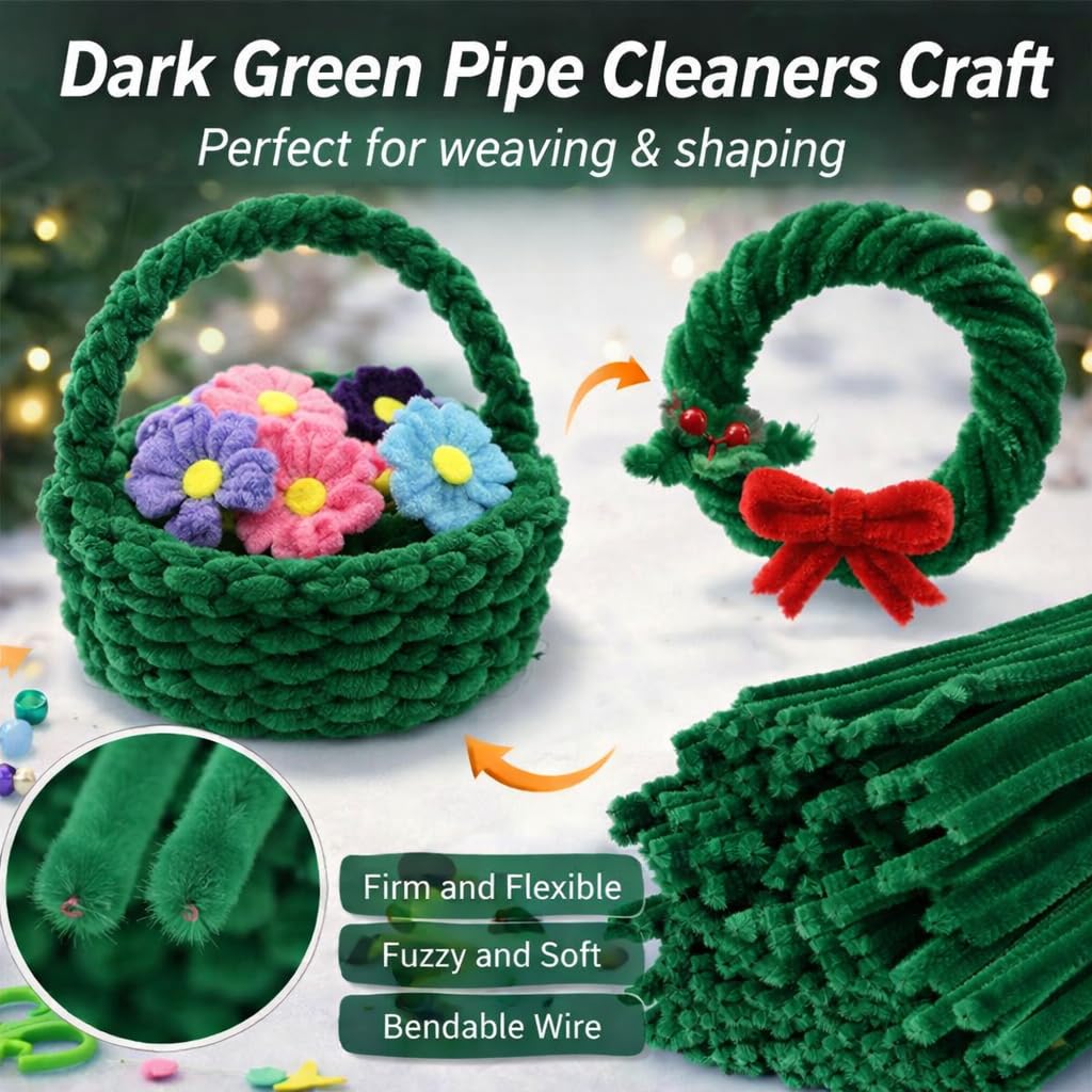 200 Pieces Dark Green Pipe Cleaners Craft Bulk Art Chenille Stems for DIY Project Decorations