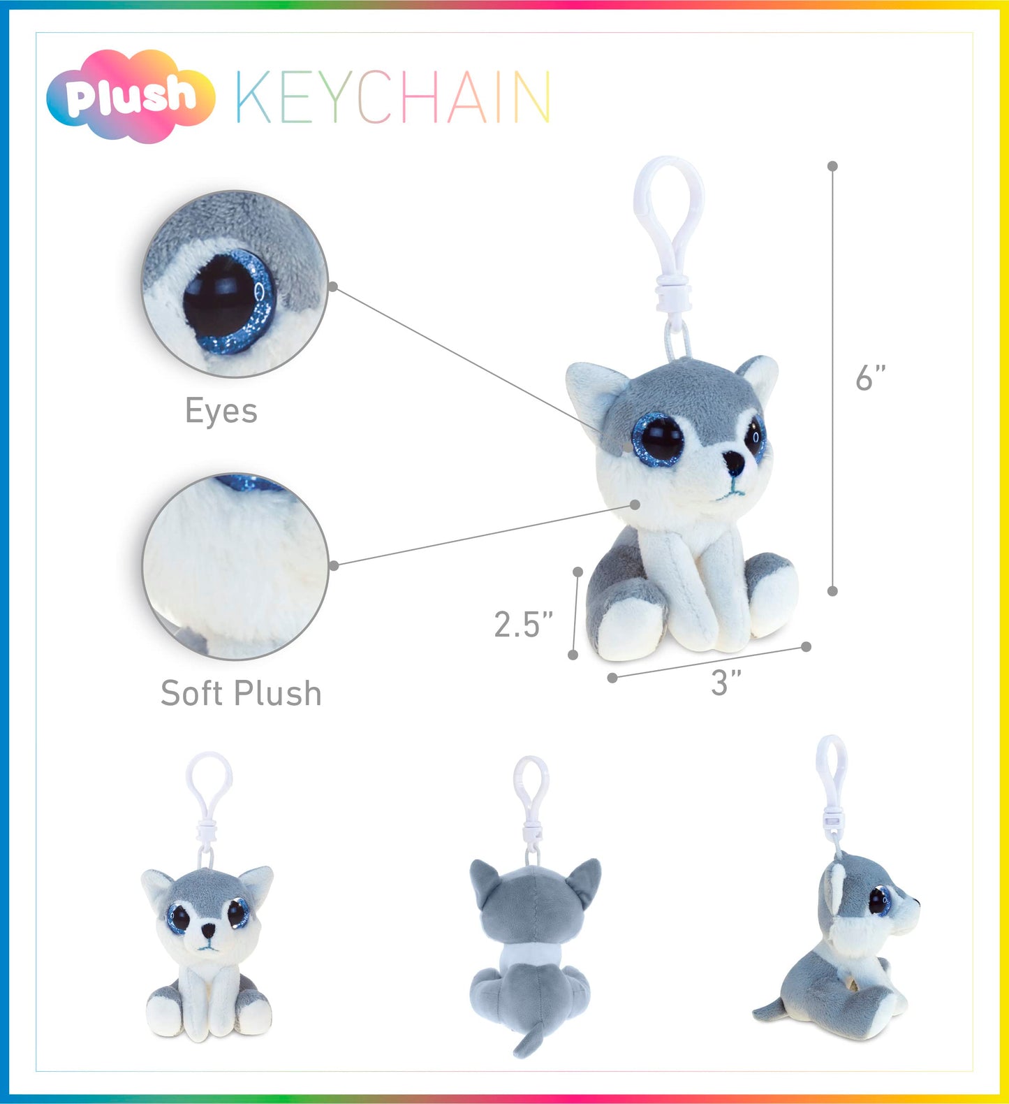 DolliBu Big Eye Wolf Plush Keychain with Clip - Cute Plush Wolf Stuffed Animal Backpack Charm for Girls, Boys, Kids, Animal Keychains for Backpacks